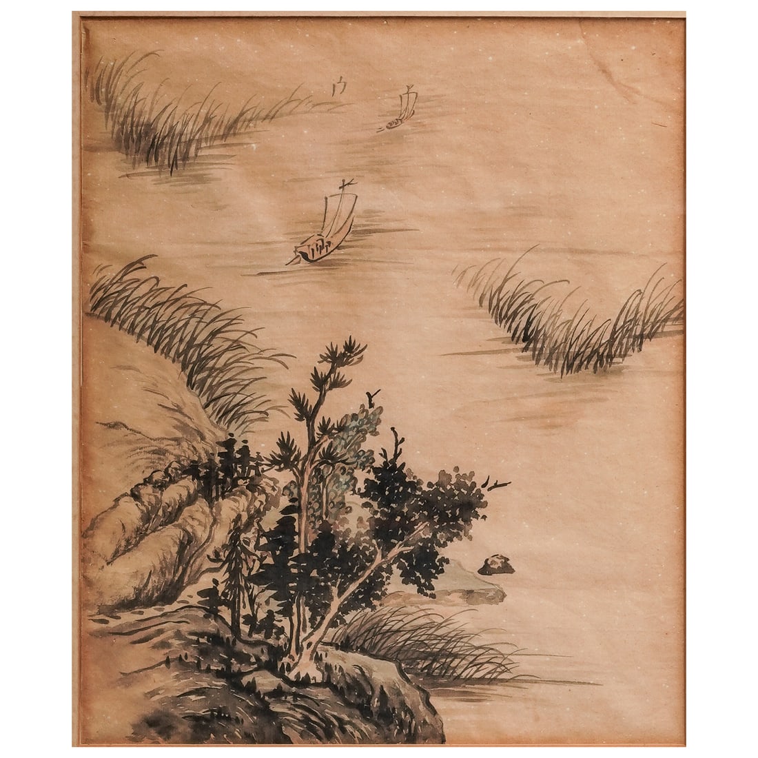 Antique Asian Landscape Watercolor On Paper Painting: Antique Asian Landscape Watercolor On Paper Painting Late 19th to early 20th Cent., Asian The artwork is painted with watercolor and traditional ink wash (Sumi-e / Suibokuga). It depicts a serene, mon
