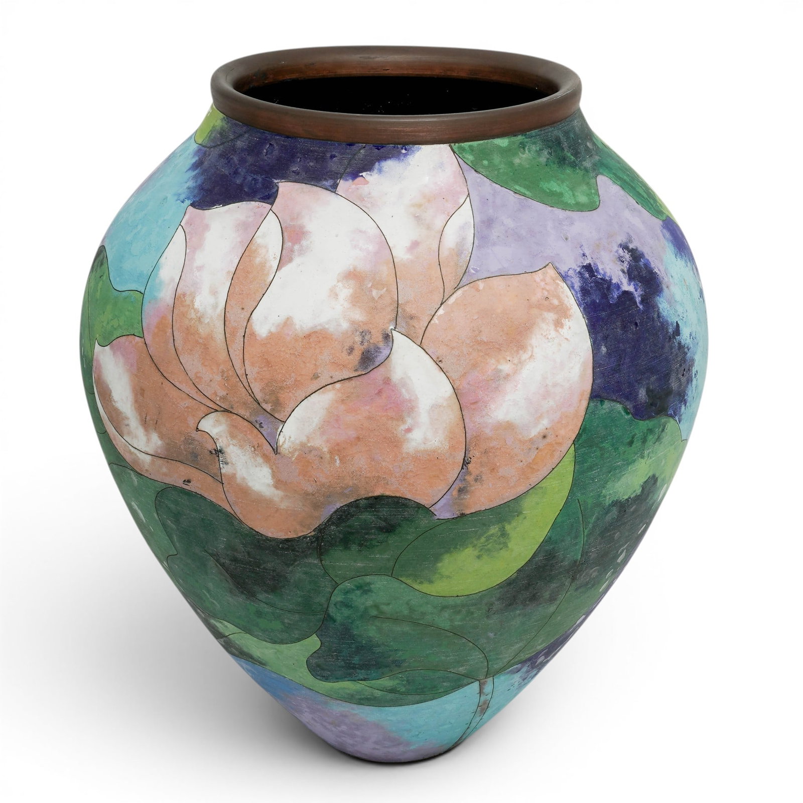 Robert Kuo (Chinese-American b. 1947) Large Matte Cloisonne Lotus Jar (1 of 13)
