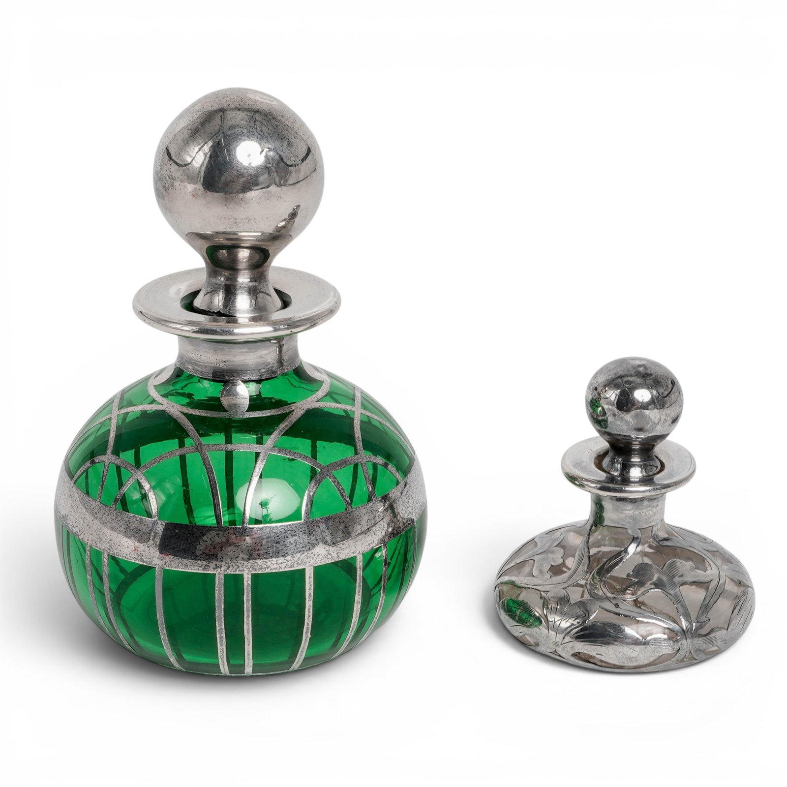 (2 Pc) Art Nouveau Silver Overlay Emerald Green & Clear Perfume Bottles (1 of 3)