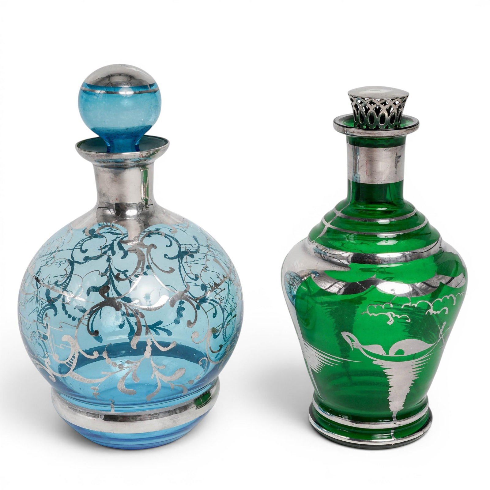 (2 pc) Vintage Silver Overlay Glass Decanters (1 of 9)