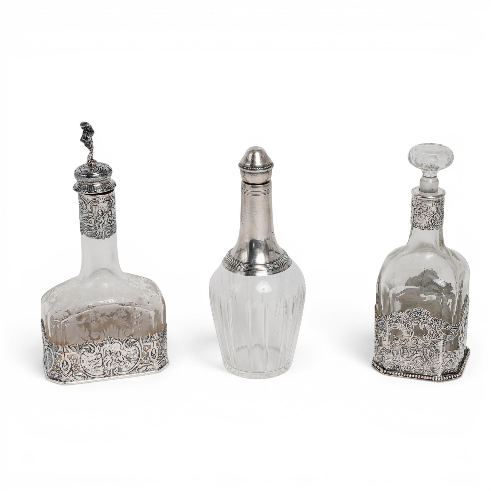 (3 Pc) Antique Glass & Sterling Silver Mounted Decanters (1 of 10)