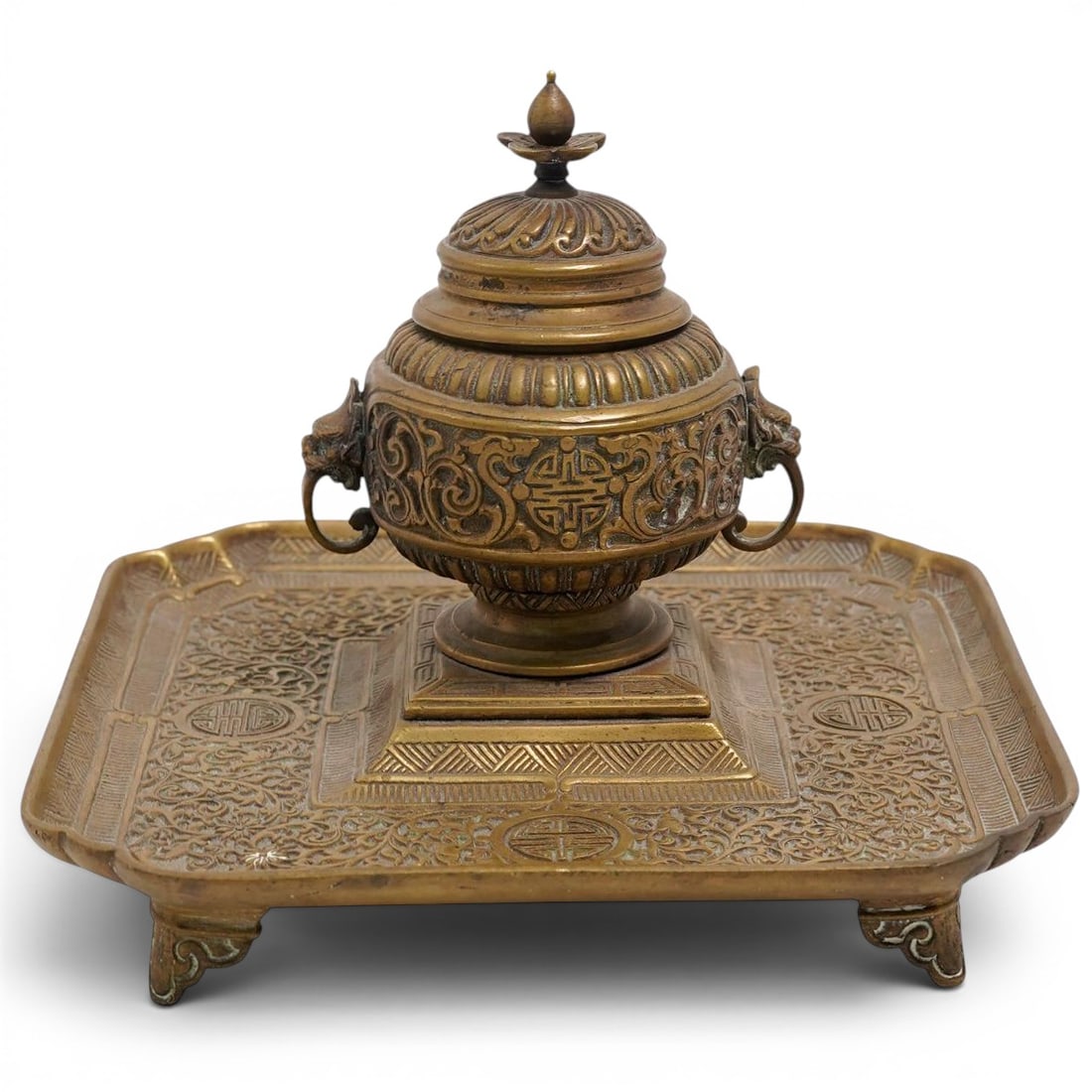 Antique Signed Bronze Inkwell: Antique Signed Bronze Inkwell Late 19th-early 20th century, Continental Antique bronze inkwell with Chinese medallion motifs and decorative floral patterns. Floral finial on the hinged lid, Foo Dog or