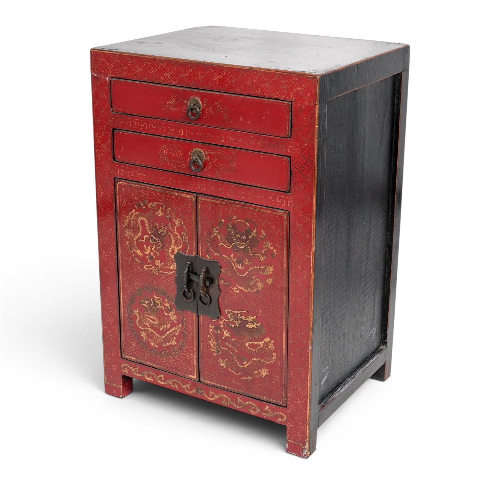 Vintage Chinoiserie Wood Lacquered Cabinet: Vintage Chinoiserie Wood Lacquered Cabinet Mid 20th Cent. This is a vintage lacquered cabinet, featuring a striking red and black color scheme with intricate gold hand-painted designs. Detailed, flora