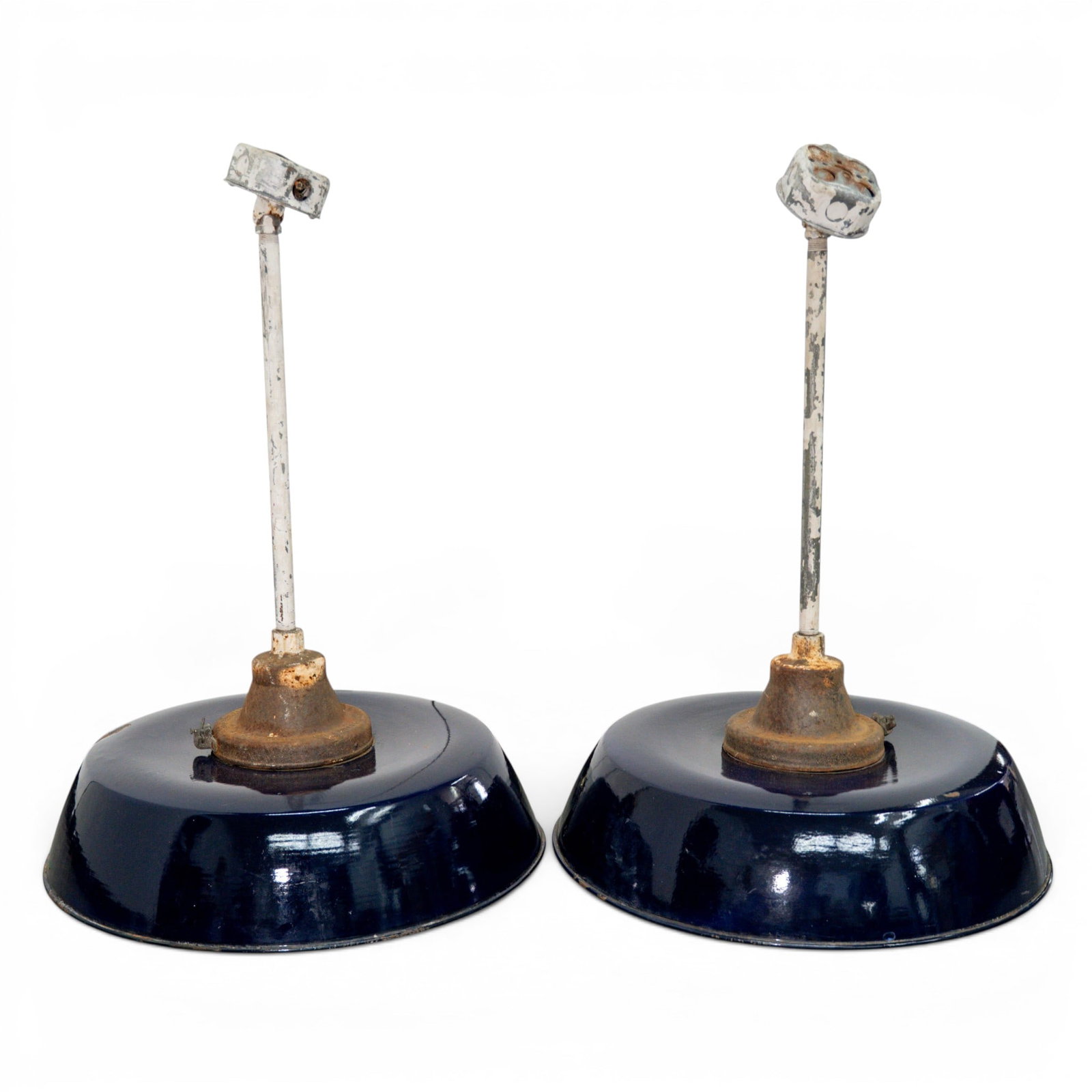 Pair of Antique Maxolite Cobalt Blue Porcelain Industrial Lamps: Pair of Antique Maxolite Cobalt Blue Porcelain Industrial Lamps Early 20th Cent., American This is a matched pair of authentic antique industrial warehouse pendant lights manufactured by Maxolite duri