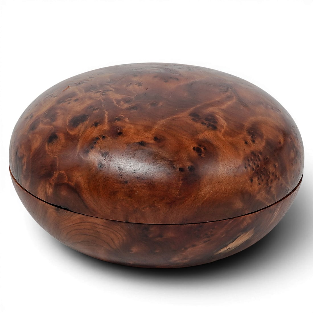 Vintage Morocco Thuya Burl Wood Pebble Box: Vintage Morocco Thuya Burl Wood Pebble Box Mid 20th Cent., Morocco This is an antique pebble trinket box, hand-carved from exotic Thuya wood burl. It features a smooth, tactile, rounded capsule shape