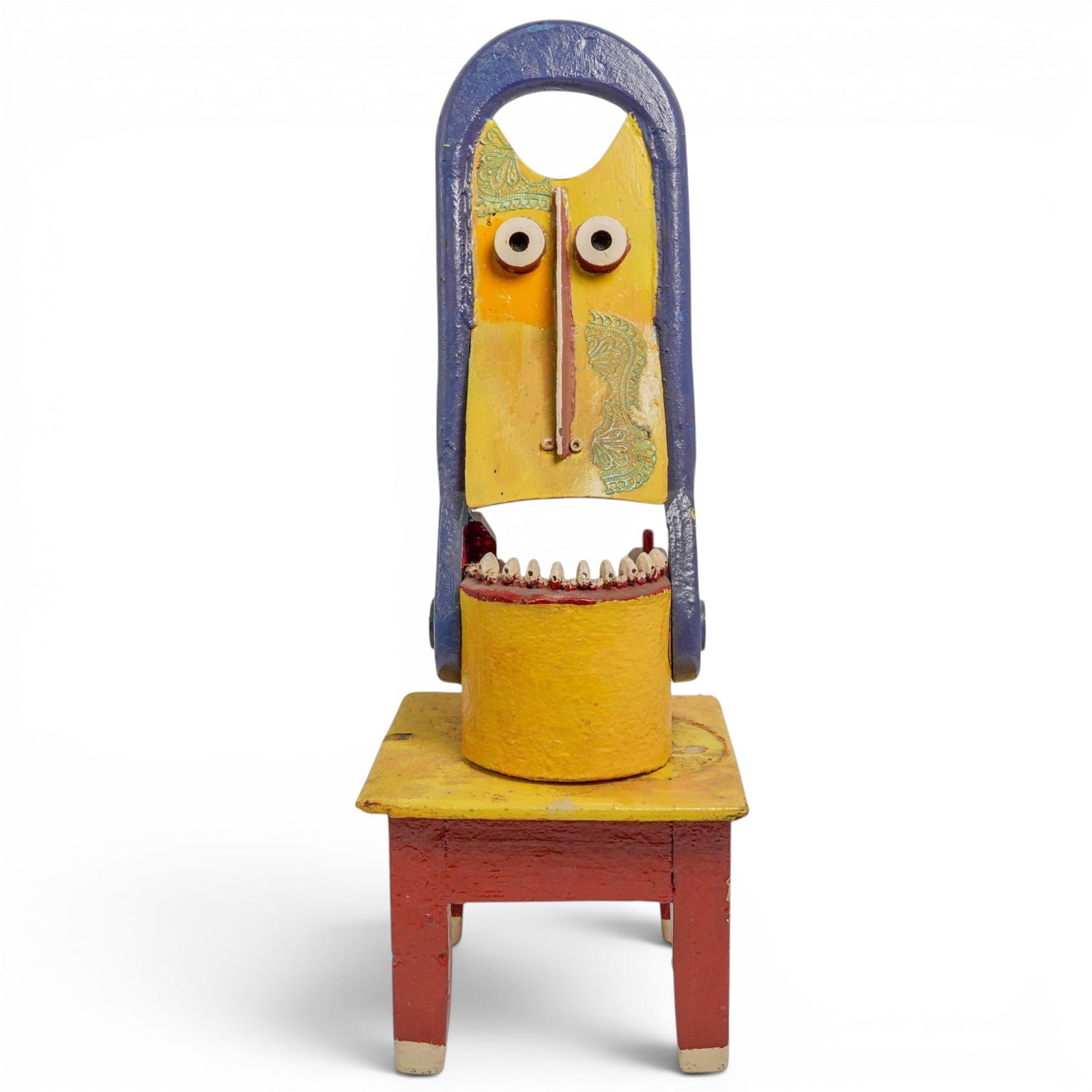 Signed Whimsical Mixed Metal Face Sculpture: Signed Whimsical Mixed Metal Face Sculpture Late 20th century, Continental An abstract mixed metal sculpture featuring a figural face and painted in a variety of bright primary colors. Wooden base sta
