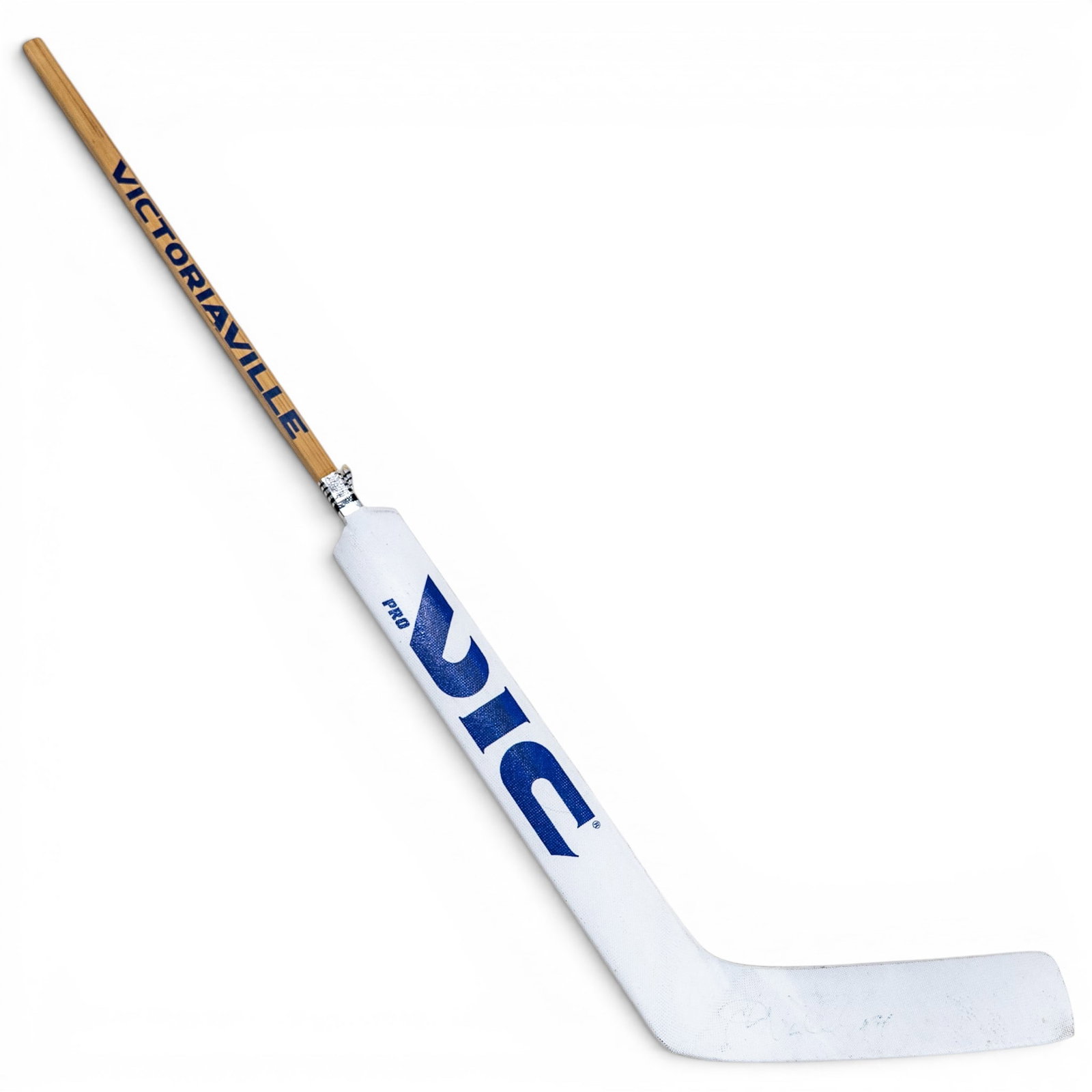 John Vanbiesbrouck Signed Game Hockey Stick: Game- hockey stick personally signed by Hall of Fame goaltender John Vanbiesbrouck in black marker. The stick features a white composite blade with bold Vic manufacturer graphics. L:63"