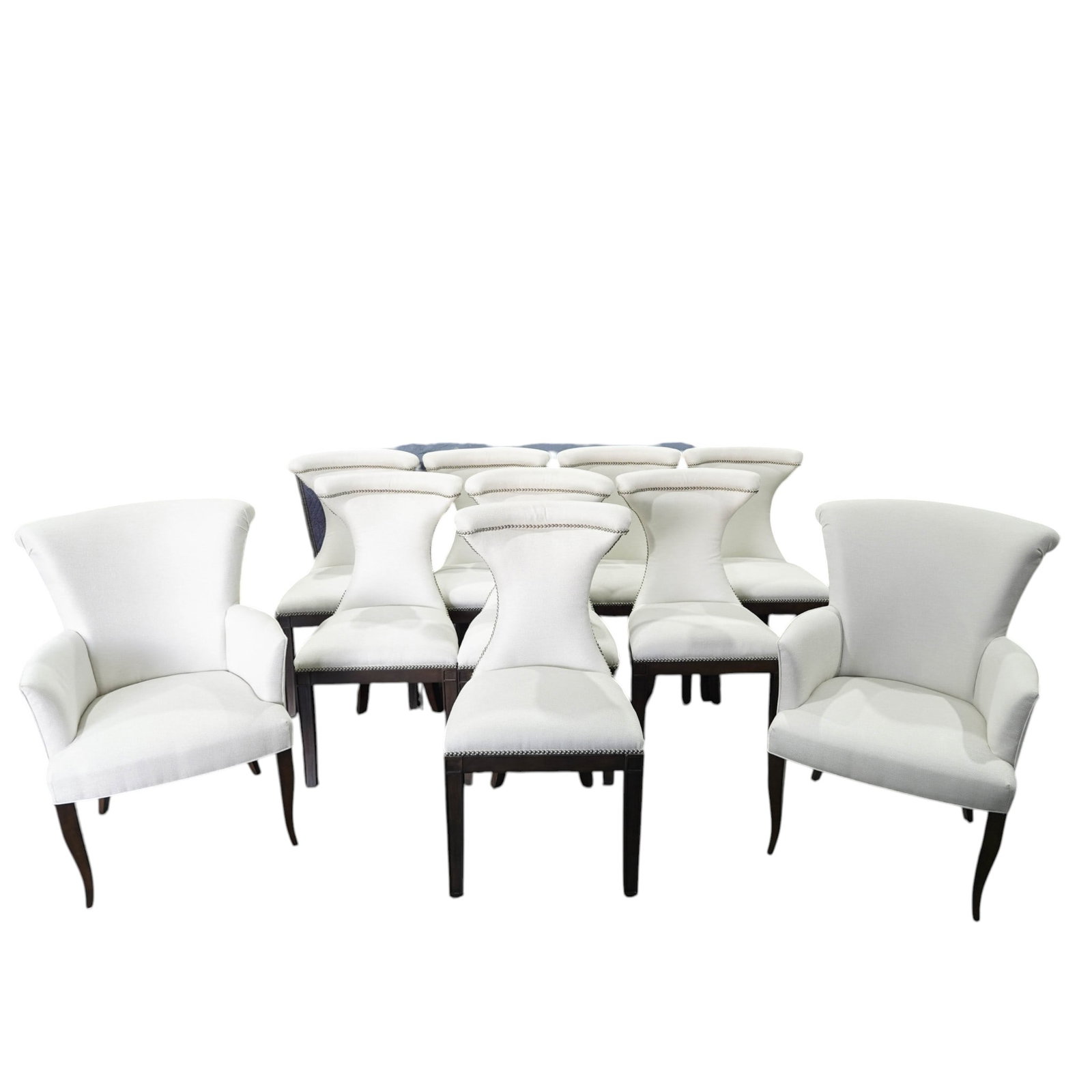 (10 Pc) Contemporary Upholstered Dining Chairs: (10 Pc) Contemporary Upholstered Dining Chairs21st Cent, ContinentalSet of ten dining chairs featuring a sculptural, modern silhouette with a gently contoured back and open cutout sides. Each chair is