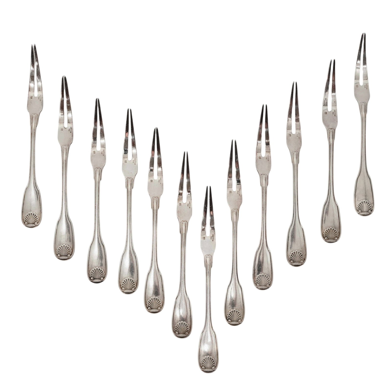(12 pc) Christofle Vendome Silver Plated Aperitif Forks: (12 pc) Christofle Vendome Silver Plated Aperitif Forks20th Cent, France12pc French Christofle Vendôme pattern silver plate aperitif forks, stamped along the blade.L:5"