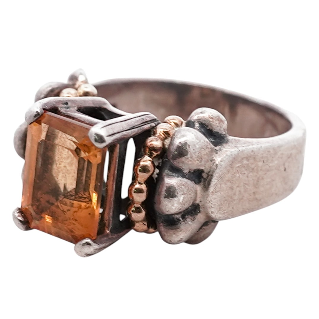 LAGOS Glacier Caviar Sterling Silver 18k Gold & Citrine Ring: LAGOS Glacier Caviar Sterling Silver 18k Gold & Citrine RingLate 20th century, USADesigner ring by LAGOS from the Glacier collection, set with an approximately 2 carat emerald-cut citrine in a raised