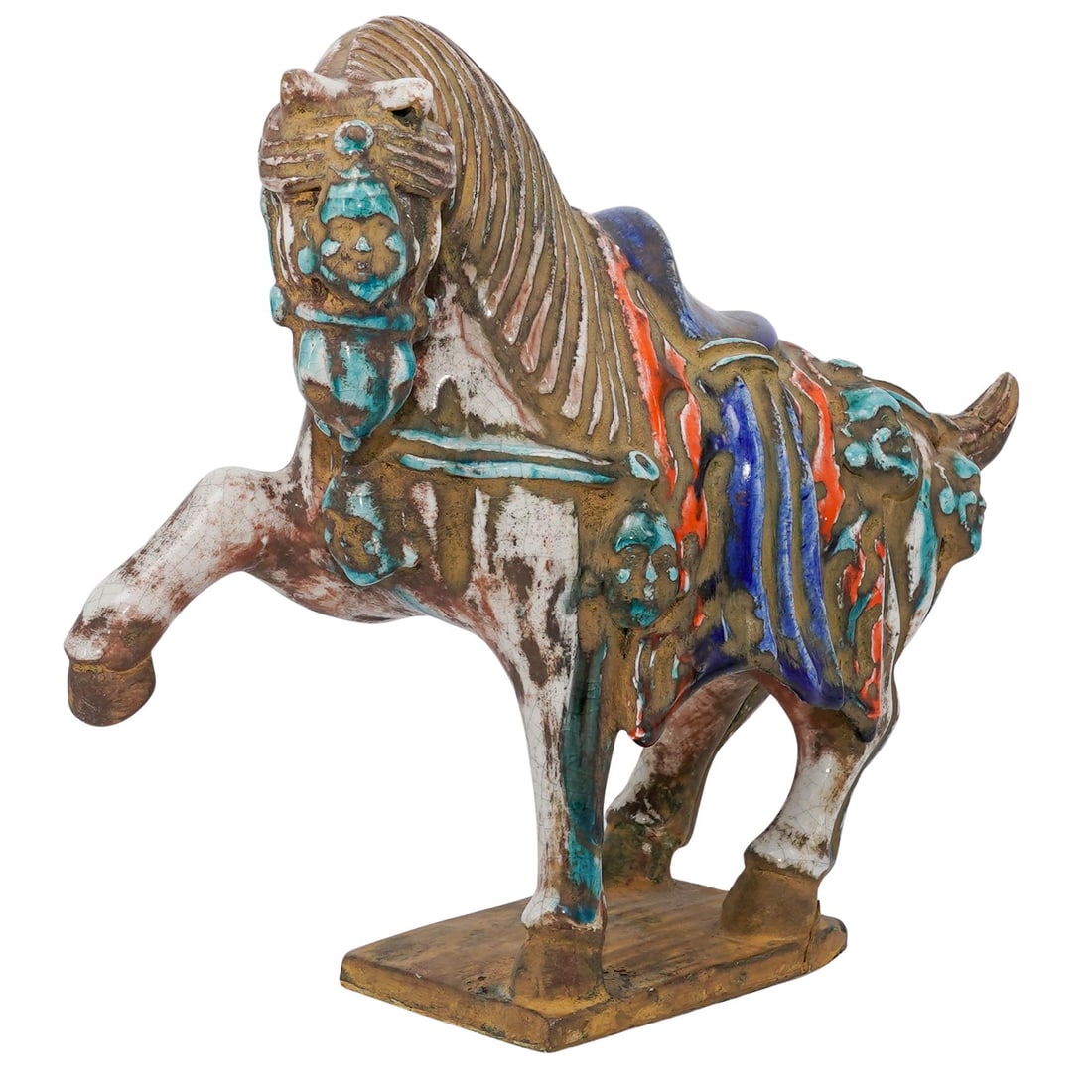 Chinese Tang Dynasty Style Sancai Pottery War Horse Statue: Chinese Tang Dynasty Style Sancai Pottery War Horse StatueEarly Mid 20th century, ChineseVintage Chinese Tang Dynasty style caparisoned war horse with one front leg raised, in a traditional representa