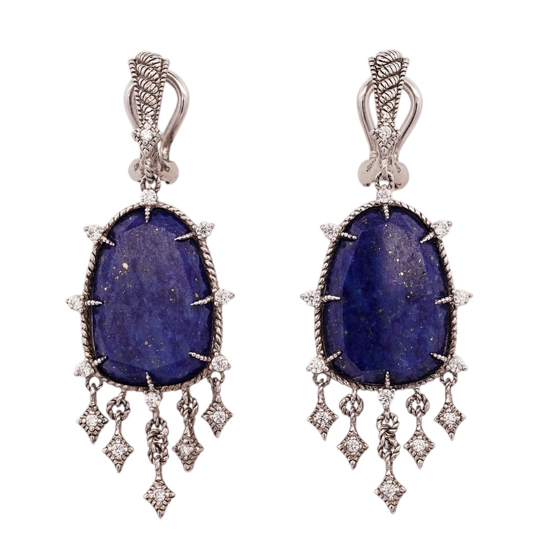 Judith Ripka Sterling Silver Lapis Lazuli & Diamond Drop Earrings: Judith Ripka Sterling Silver Lapis Lazuli & Diamond Drop Earrings Late 20th – Early 21st Century, USA Pair of drop earrings by Judith Ripka, each set with an oval lapis lazuli cabochon framed by