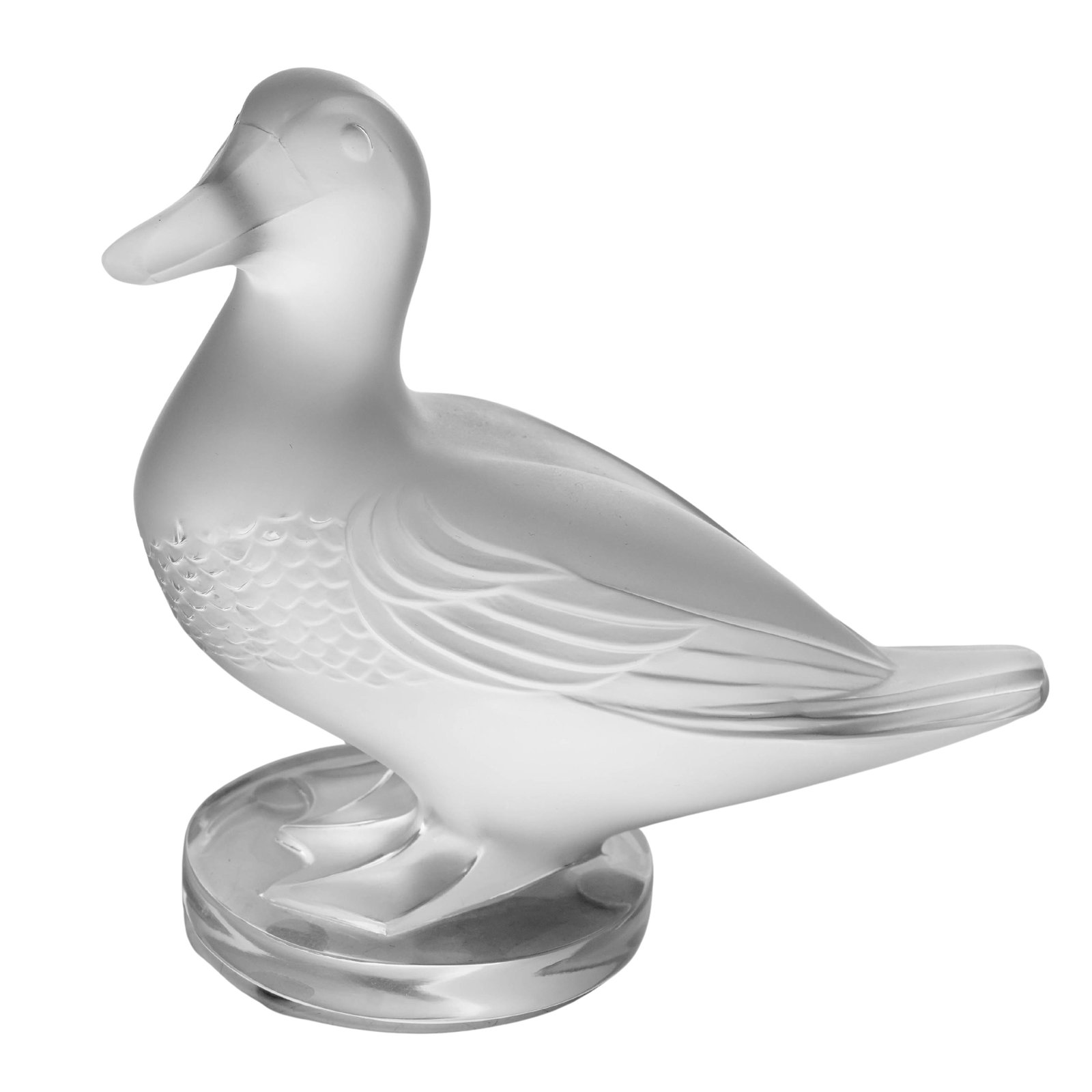 Lalique Crystal "Gaetan" Duck Figurine: Lalique Crystal "Gaetan" Duck FigurineLate 20th century, FrenchThe Lalique 'Gaetan' duck figurine is a classic example of French art glass, featuring a frosted (satin-finished) body with detailed wing