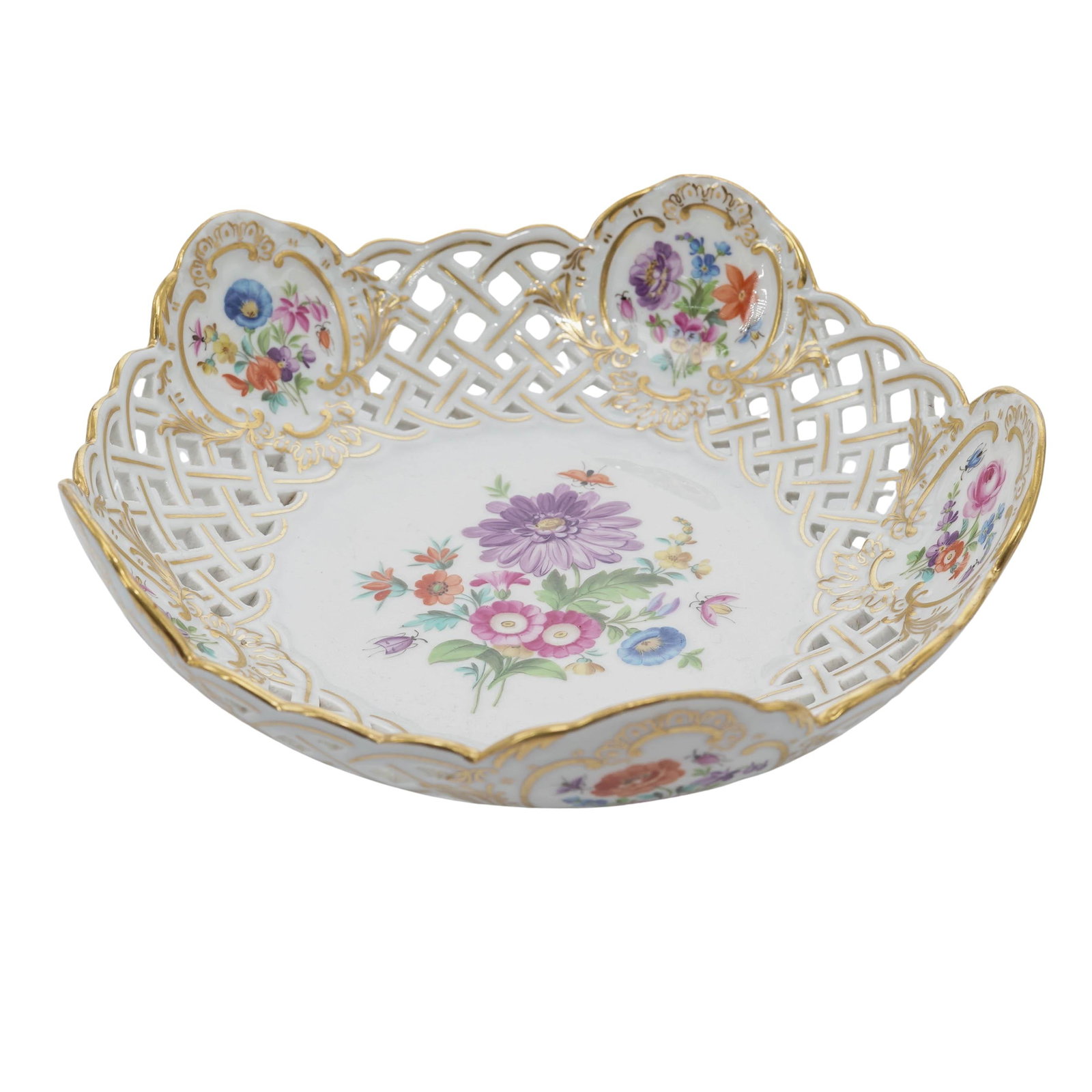 Meissen Reticulated Porcelain Bowl: Meissen Reticulated Porcelain Bowl20th century, GermanA reticulated porcelain bowl with hand-painted floral detail. Marked on bottom with Meissen crossed swords mark and "6 161".H 2.25" x Diameter 7"