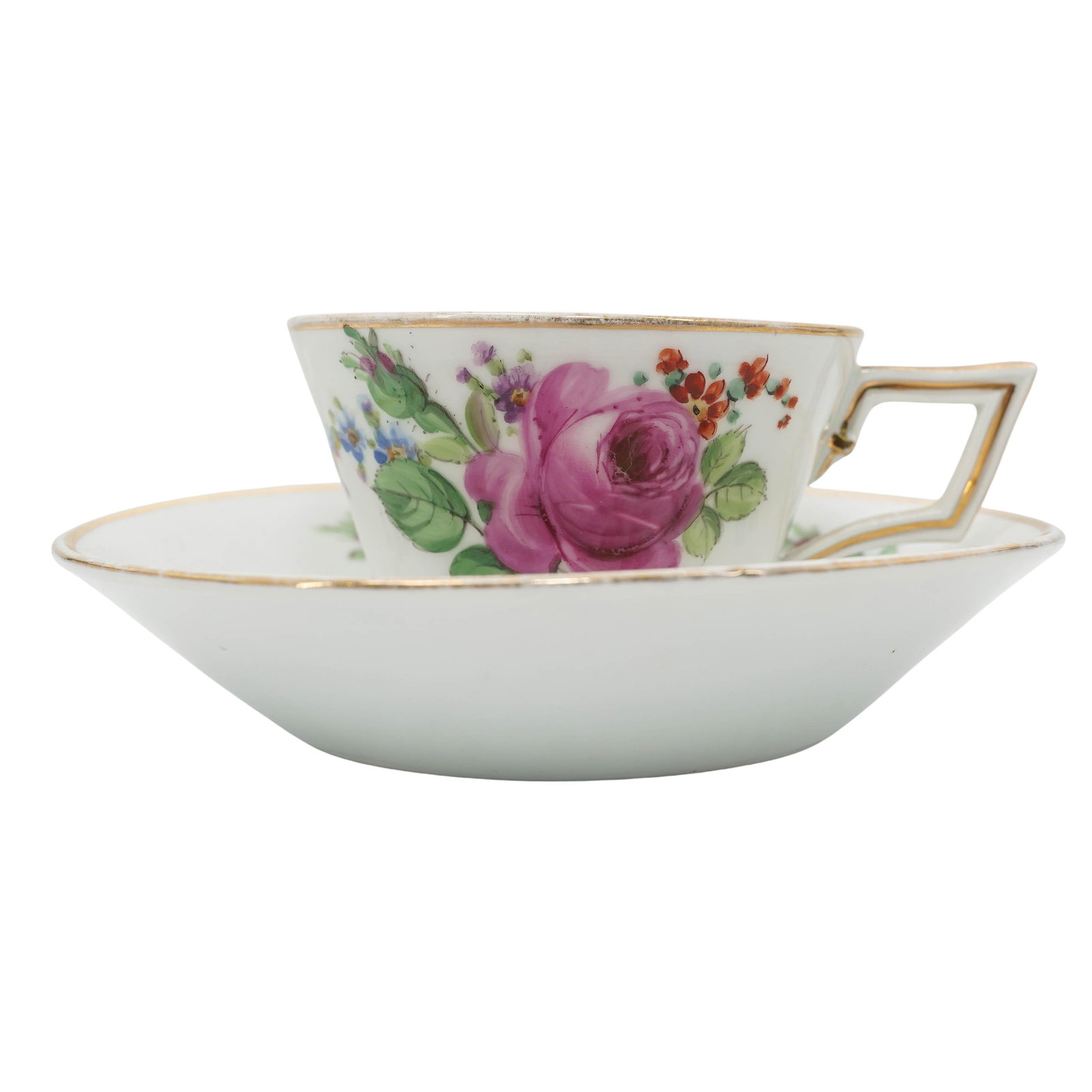 Antique Meissen Porcelain Cup & Saucer: Antique Meissen Porcelain Cup & SaucerEarly 20th century, GermanAn antique Meissen porcelain cup and saucer with hand-painted floral motifs and gilt detailing. Cup is marked on bottom with "I" and sla