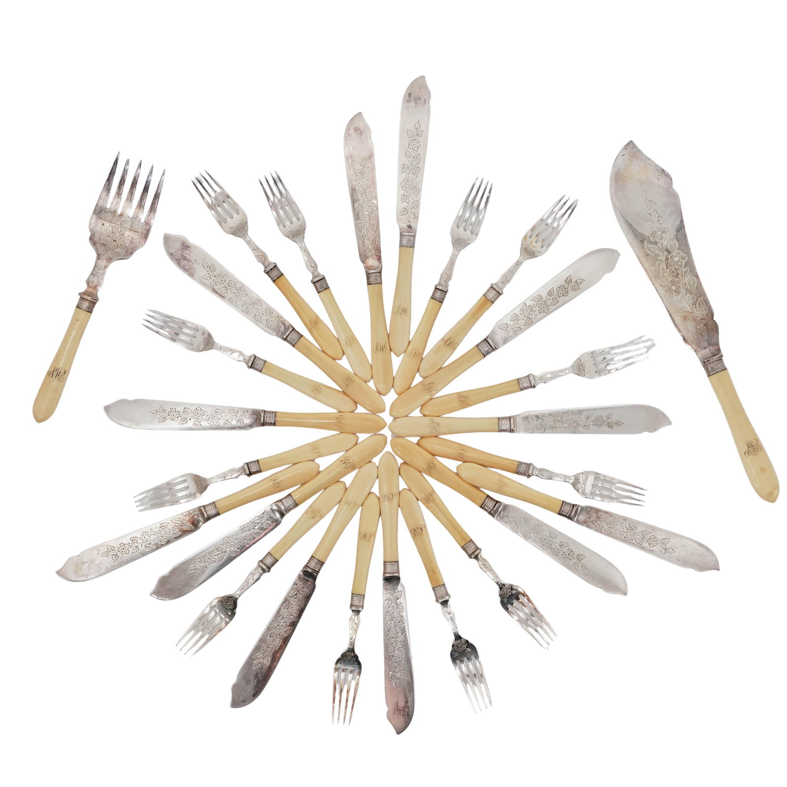 (26 pc) Mappin & Webb Carved Bone Flatware & Serving Utensils (1 of 11)