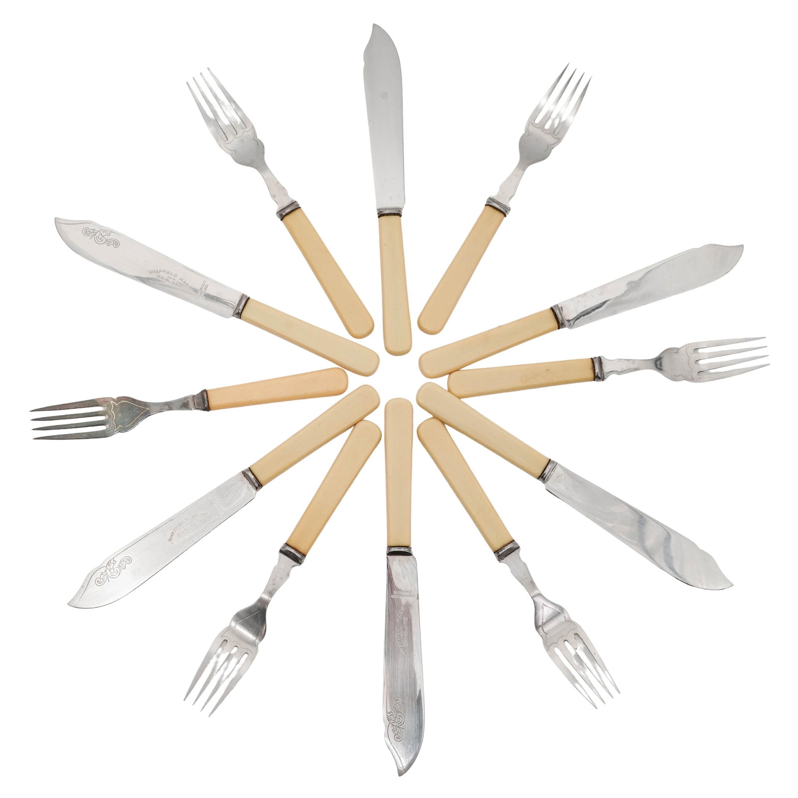 (12pc) Antique Firth Brearley Sheffield Fish Cutlery Set: (12pc) Antique Firth Brearley Sheffield Fish Cutlery Set1920-1930, EnglishThis 12-piece Sheffield fish cutlery set was handmade in Sheffield, England, a world-renowned center for high-quality cutlery