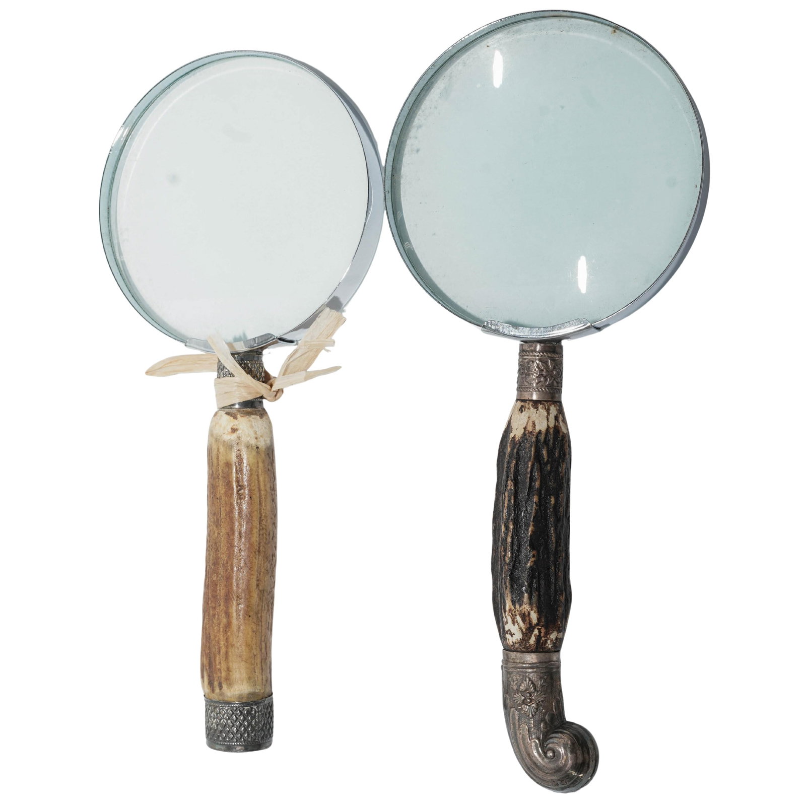 (2 pcs) Antique Carved Antler & Silver Magnifying Glasses (1 of 4)