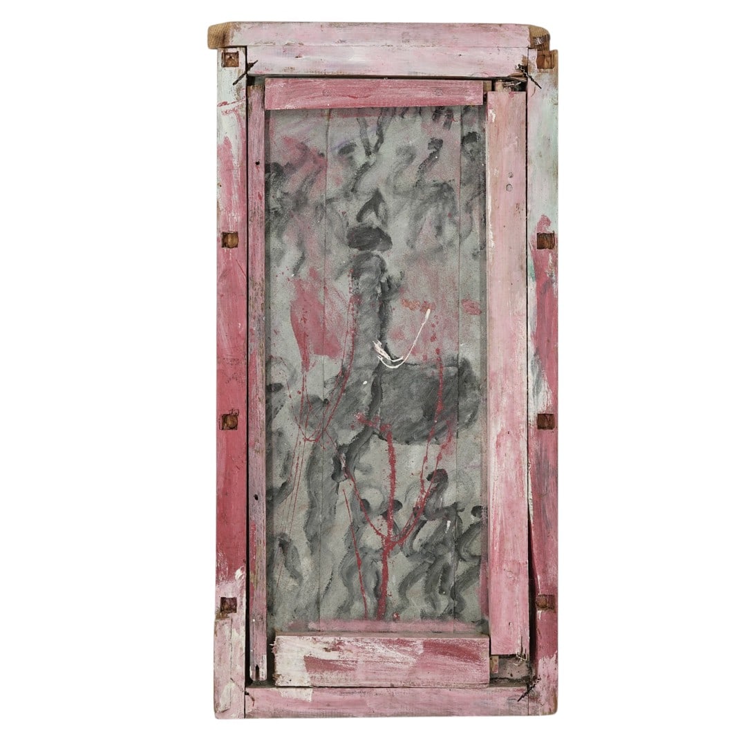 Purvis Young (American. 1943) Mixed Media Painting: Purvis Young (American. 1943) Mixed Media PaintingLate 20th Cent. USAA Purvis Young mixed media painting on plywood depicts a pregnant woman, with dancing figures along the backdrop, completed in a pa