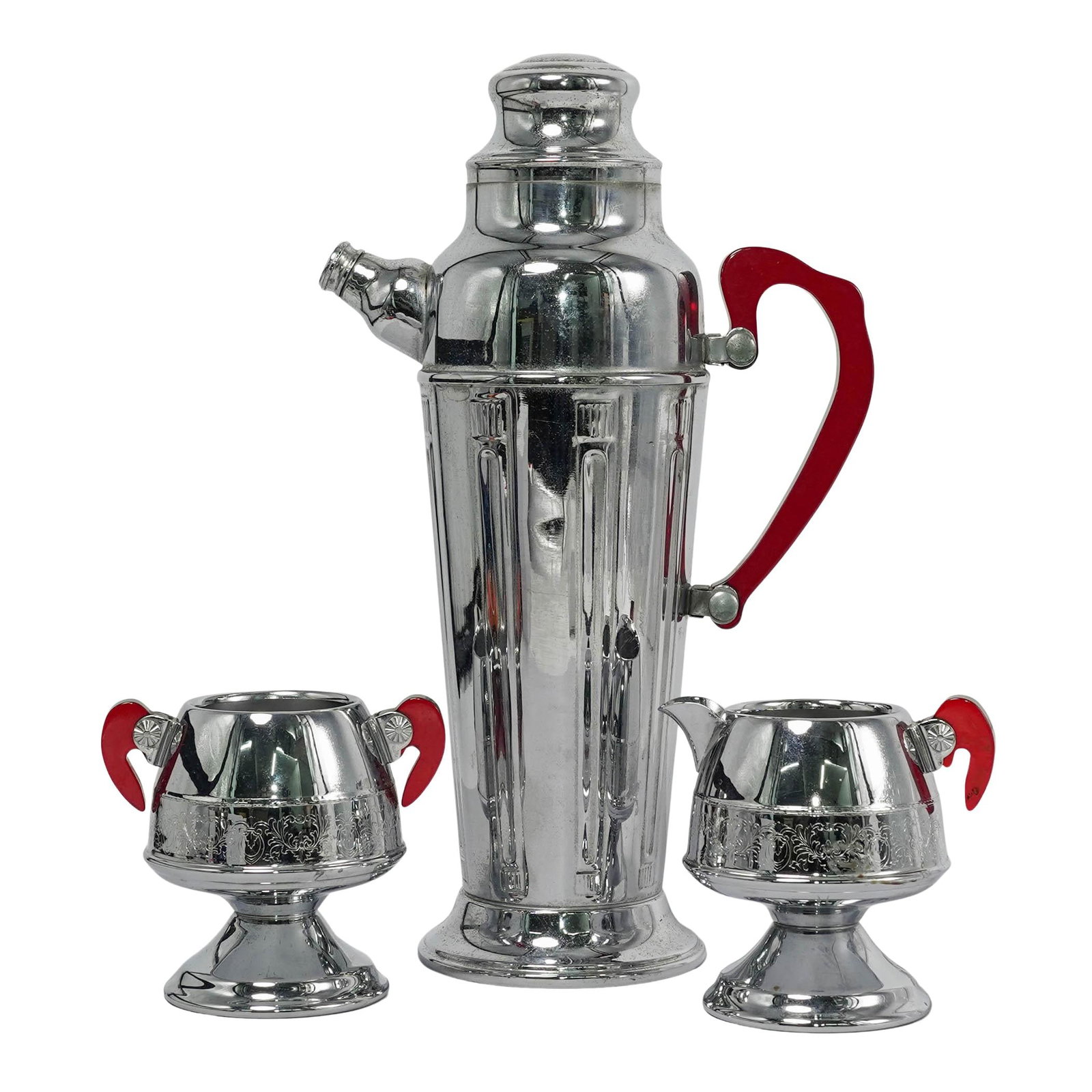 (3 Pc) Art Deco Chrome Cocktail Shaker & Drink Accessories (1 of 10)
