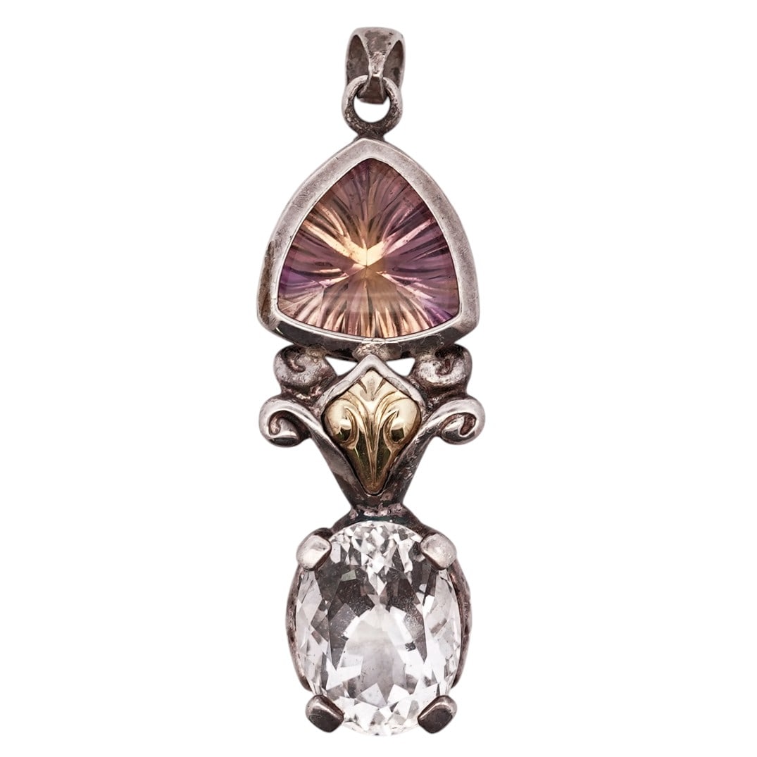 Sterling Silver 18k Gold Amethyst & Rock Crystal Pendant, Signed (1 of 3)