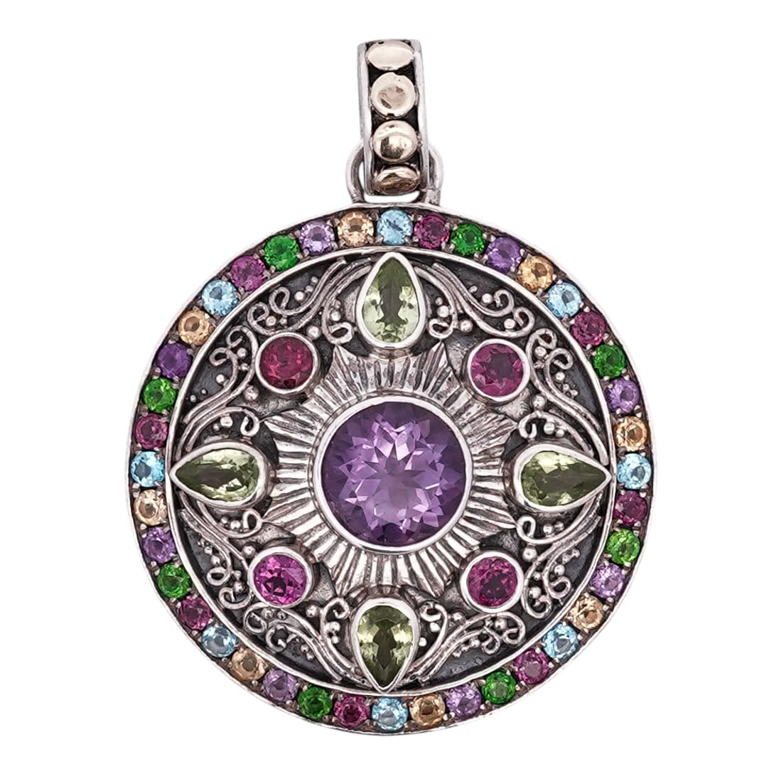 Sterling Silver 18k Gold & Multi-Gemstone Pendant ,Signed: Sterling Silver 18k Gold & Multi-Gemstone Pendant ,SignedEarly 2000sCircular sterling silver pendant with 18K gold accents, set with a central faceted amethyst within a radial arrangement of pear-shap