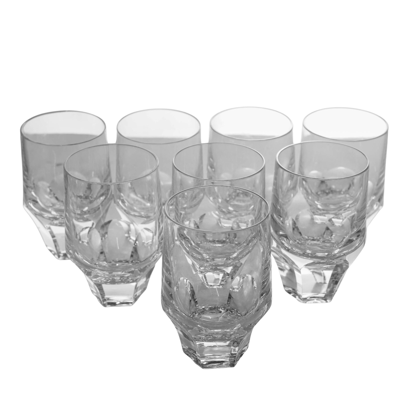 (8pc) Vintage Moser Style Shot Crystal Glasses: (8pc) Vintage Moser Style Shot Crystal Glasses20th Cent.This collection of eight vintage crystal shot glasses features a sophisticated mix of mid-century modern and Art Deco-inspired designs. Each gla