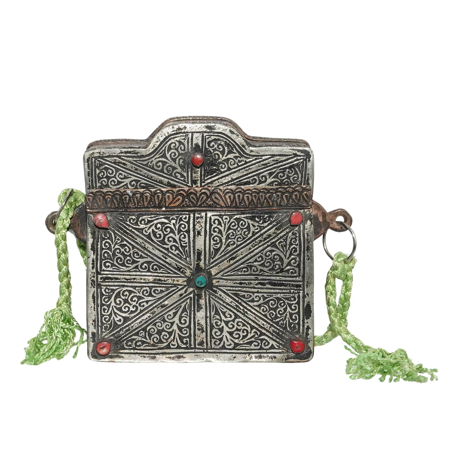 Moroccan Silver-Plated Brass Quran Amulet Box: Moroccan Silver-Plated Brass Quran Amulet Box20th century, MoroccanThe box features an ornate container used to hold a miniature prayer book or amulet in a traditional Moroccan design with a distincti