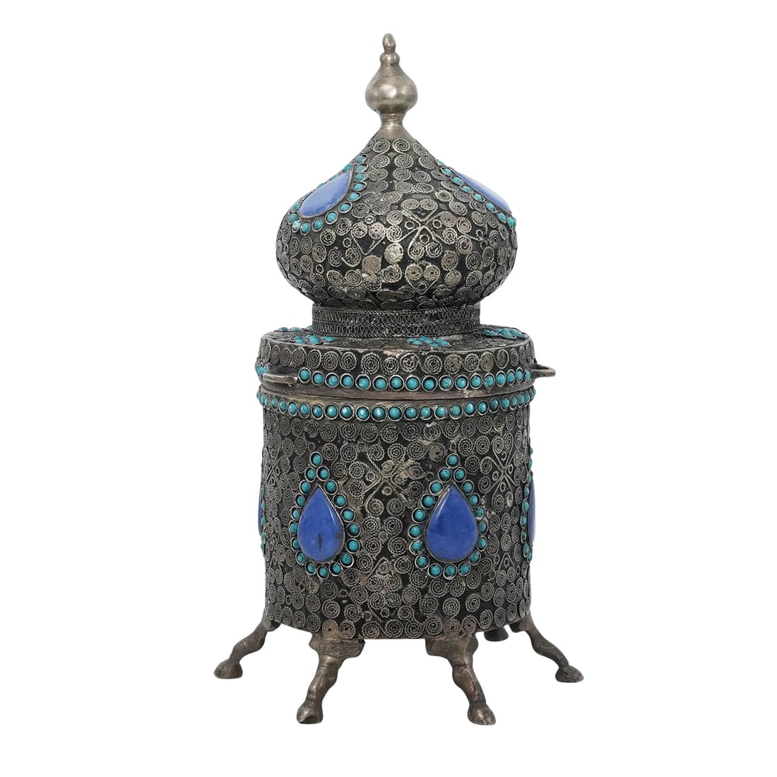 Antique Islamic Silver Plated & Semi Precious Stone Vessel: Antique Islamic Silver Plated & Semi Precious Stone VesselEarly 20th, centuryIt is crafted from silver plated metal, and features intricate hand-engraved patterns and arabesque motifs. The exterior is