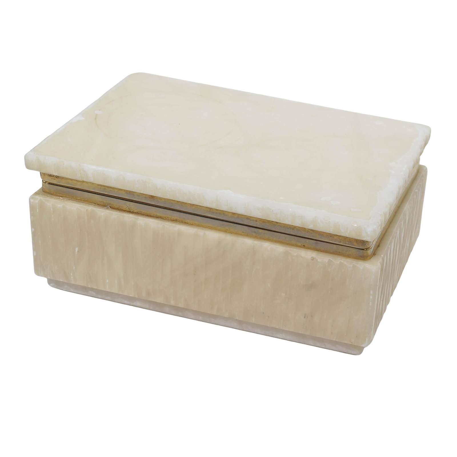 Vintage Carved Alabaster Jewelry Box: Vintage Carved Alabaster Jewelry Box20th century, ItalianA carved alabaster jewelry box with gold tone hardware.H 2.25" x W 4.25" x L 6.25"