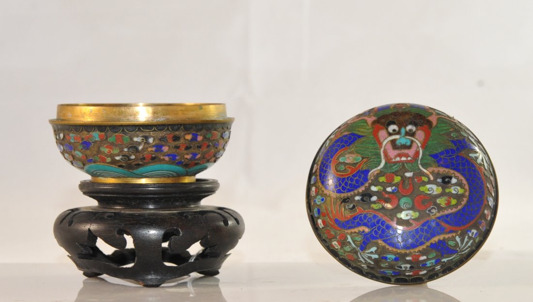 Antique Chinese champleve enamel jar with base. Rare: DESCRIPTION: Antique Chinese champleve enamel jar with base. Raised multi colour champleve enamel design. Features a main design of a coiled dragon on the lid done in a multitude of vibrant enamel col