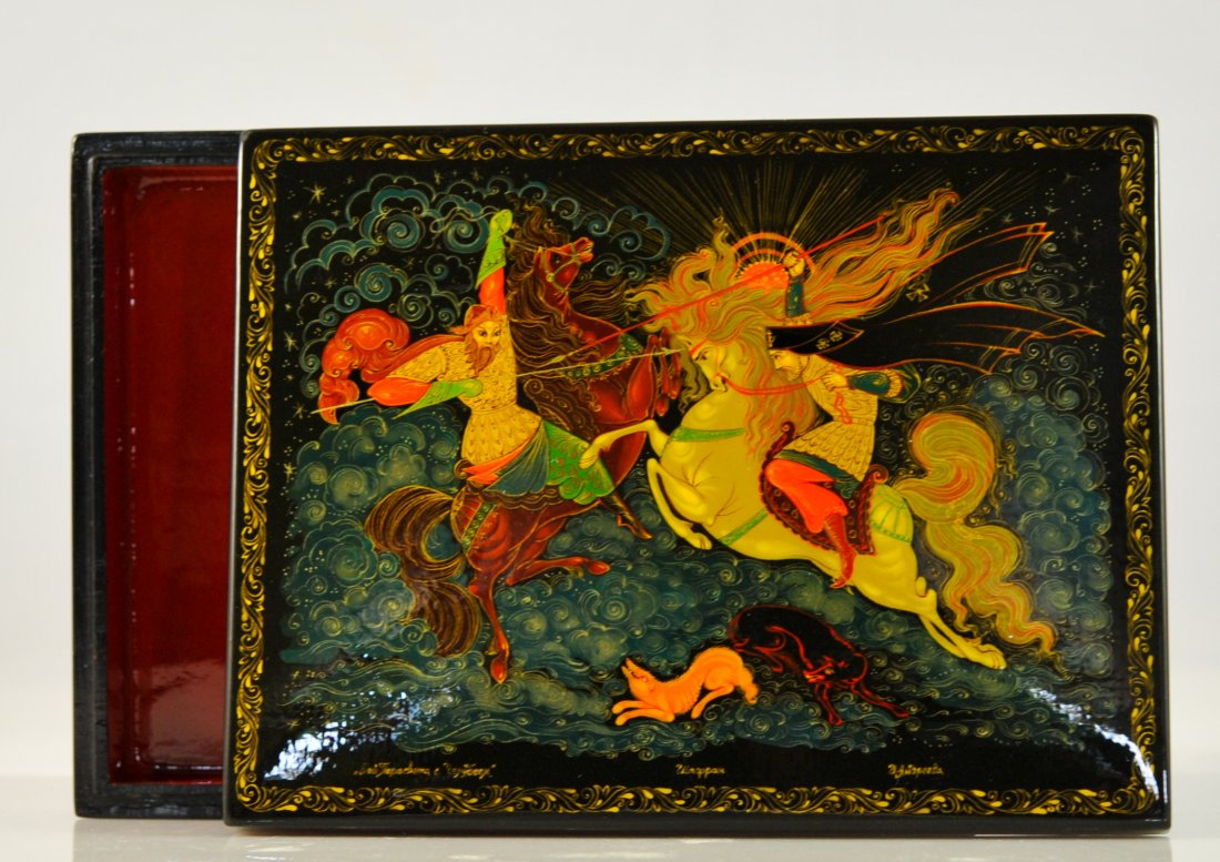 Large paper mache hand painted USSR lacquered box: DESCRIPTION: Large paper mache hand painted USSR lacquered box. The lid of box is hand painted with a battle scene. Depiction of two warriors on their steed. They battle with spears as two small dogs 
