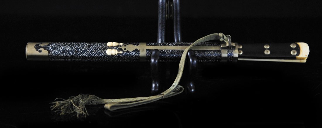 Rare Japanese eating trousse knife & chopsticks set: DESCRIPTION: Rare Japanese eating trousse knife & chopsticks set. Features two hand carved ivory chopsticks with a Japanese meat knife. The handle is made from horn, ivory and brass rivets. The case i