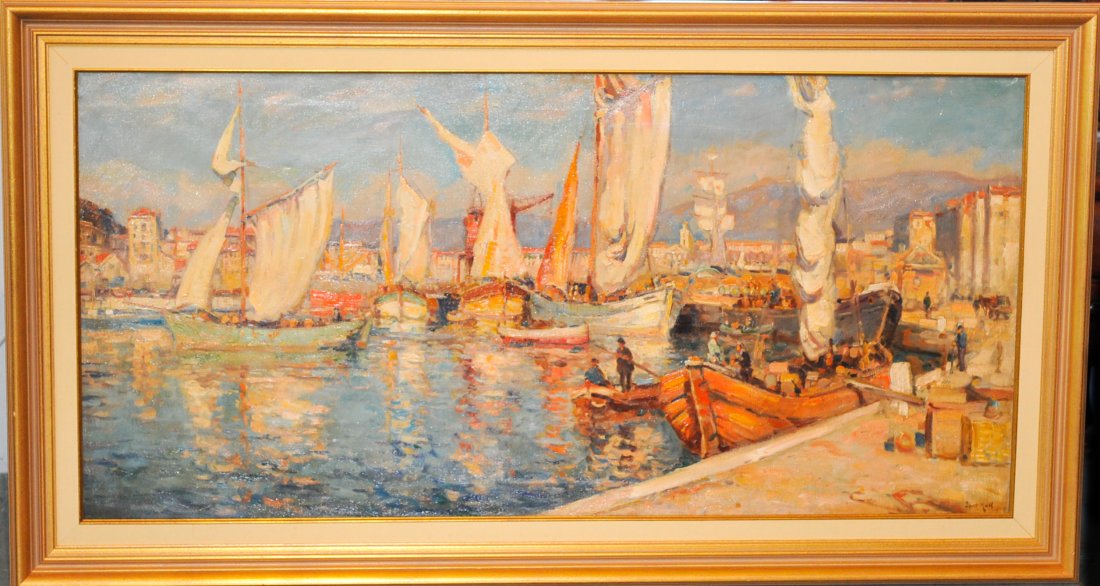 Evert Moll (1878 - 1955 ) oil on canvas painting. Signe: DESCRIPTION: Evert Moll (1878 - 1955 ) oil on canvas painting. Depiction of a busy harbor scene with the cluttering of sailboats and sailors. Spectacular use of color and contrast. Signed "Evert Moll"