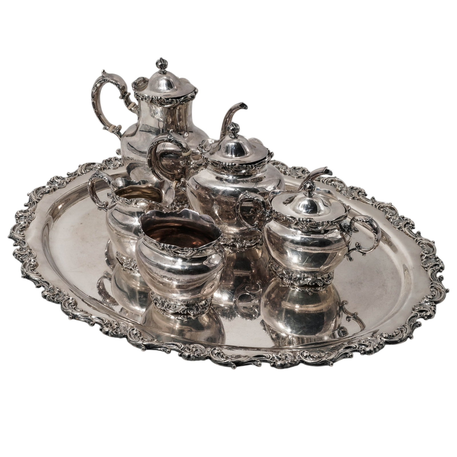 (6 pcs) Whiting Mfg Co. Sterling Silver "Louis XV" Tea service: (6 pcs) Whiting Mfg Co. Sterling Silver "Louis XV" Tea serviceLate 19th- early 20th century, AmericanThis ornate six-piece sterling silver tea and service by the Whiting Manufacturing Co. features the
