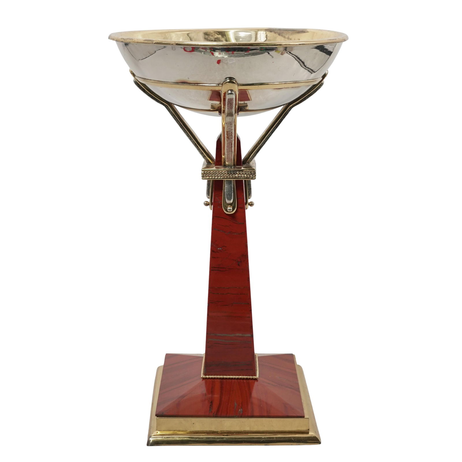 Large MOBA Vermeil Sterling Silver & Red Jasper Centerpiece: Large MOBA Vermeil Sterling Silver & Red Jasper CenterpieceMid 20th centuryLarge gold vermeil sterling silver centerpiece featuring a removable liner bowl cradled in an upper section supported by two-