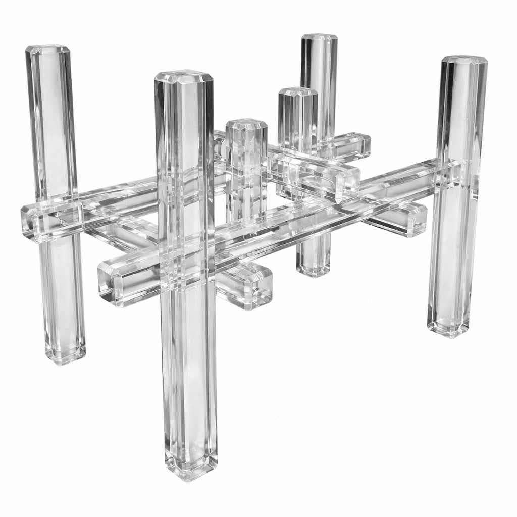 Attributed Charles Hollis Jones Lucite "Skyscraper" Table Base: Attributed Charles Hollis Jones Lucite "Skyscraper" Table BaseMid to late 20th century, AmericanHollywood Regency lucite table base in a geometric "skyscraper" design, similar to styles by Charles Hol