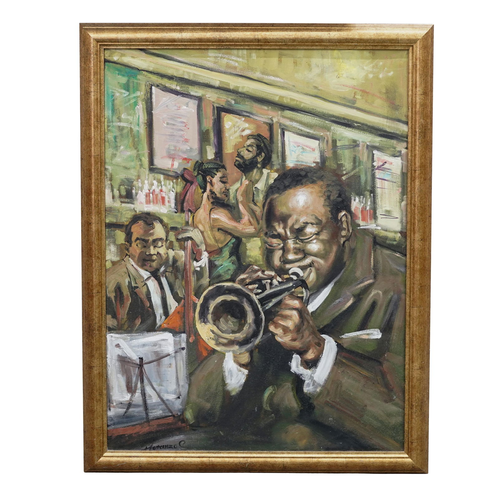 Signed Louis Armstrong Oil on Canvas: Signed Louis Armstrong Oil on Canvas 20th century, American Portrait of Louis Armstrong at play, oil on canvas painting by a renowned American portrait and figurative artist. This particular