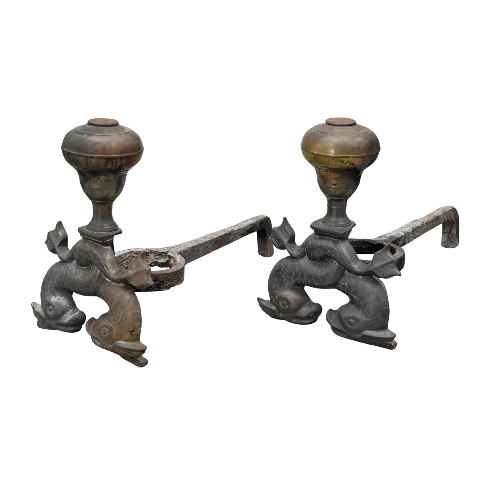 Pair of Antique French "Aux Dauphins" Bronze Andirons: Pair of Antique French "Aux Dauphins" Bronze AndironsLate 19th century, FrenchA pair of antique French bronze andirons featuring two crossed dolphin design ("Aux Dauphins").H 11.75" x L 17" x W 8"