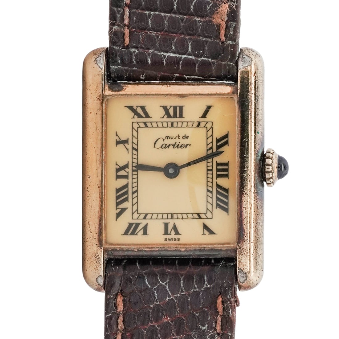 Must de Cartier Sterling Vermeil Tank Watch: Must de Cartier Sterling Vermeil Tank Watch20th century, FrenchA Must de Cartier sterling vermeil tank watch with a reptile patterned leather band. Marked on verso of band "Must de Cartier Paris". Mar