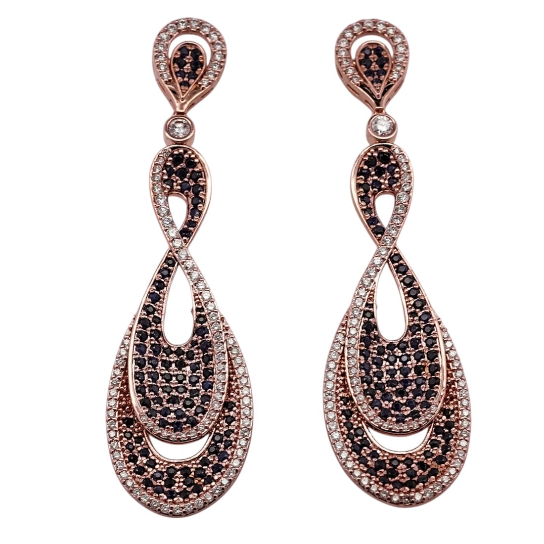 14k Gold Cubic Zirconia & Sapphire Drop Earrings: 14k Gold Cubic Zirconia & Sapphire Drop Earrings21st CenturyPair of articulated drop earrings in 14k rose gold, designed with elongated open teardrop and infinity-form motifs. Each earring is pavé-se