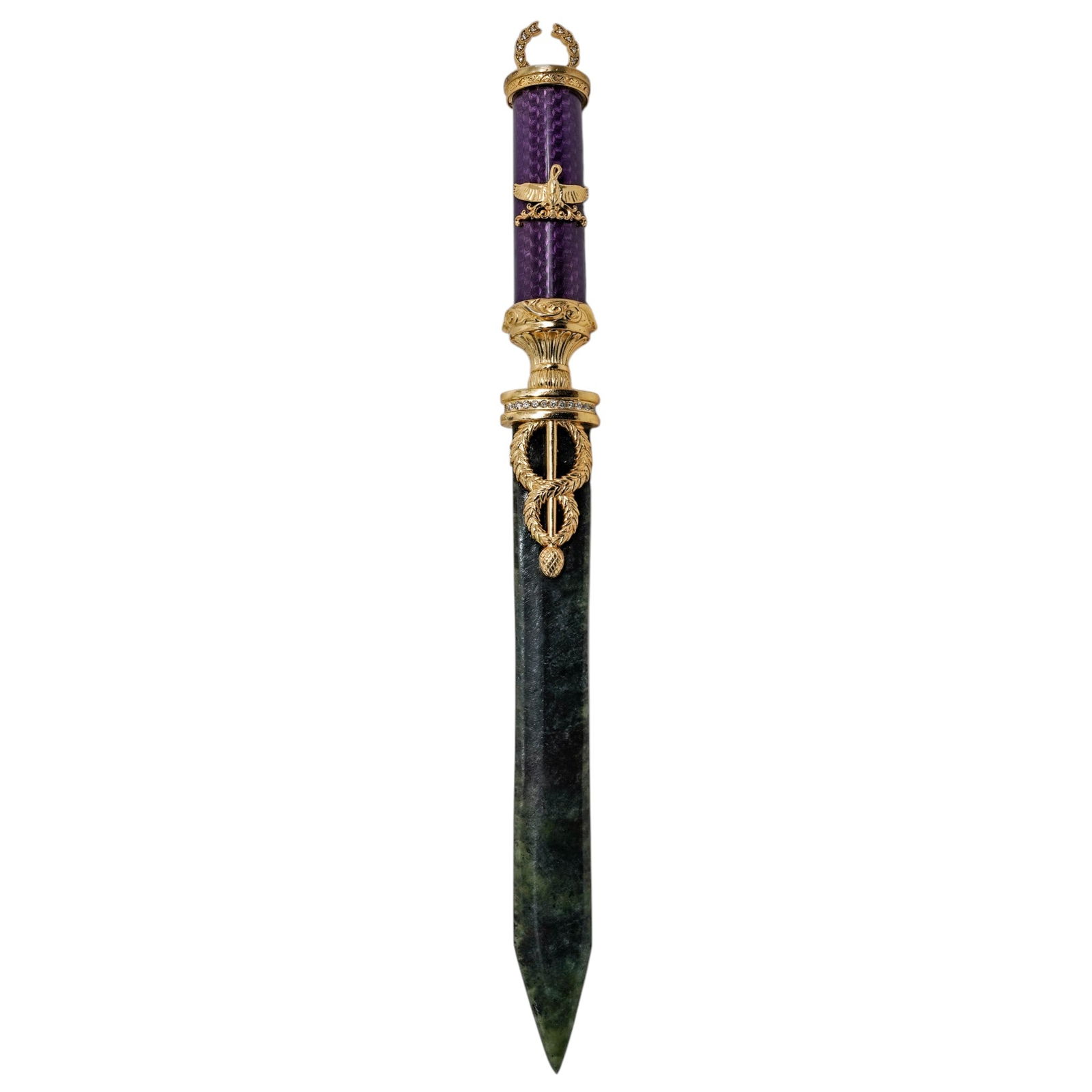 Russian Silver Faberge Style Enamel Nephrite Jade Letter Opener: Russian Silver Faberge Style Enamel Nephrite Jade Letter Opener20th Century.Russian Faberge style letter opener knife with a polished nephrite jade blade, a dark purple guilloche enamel handle embelli