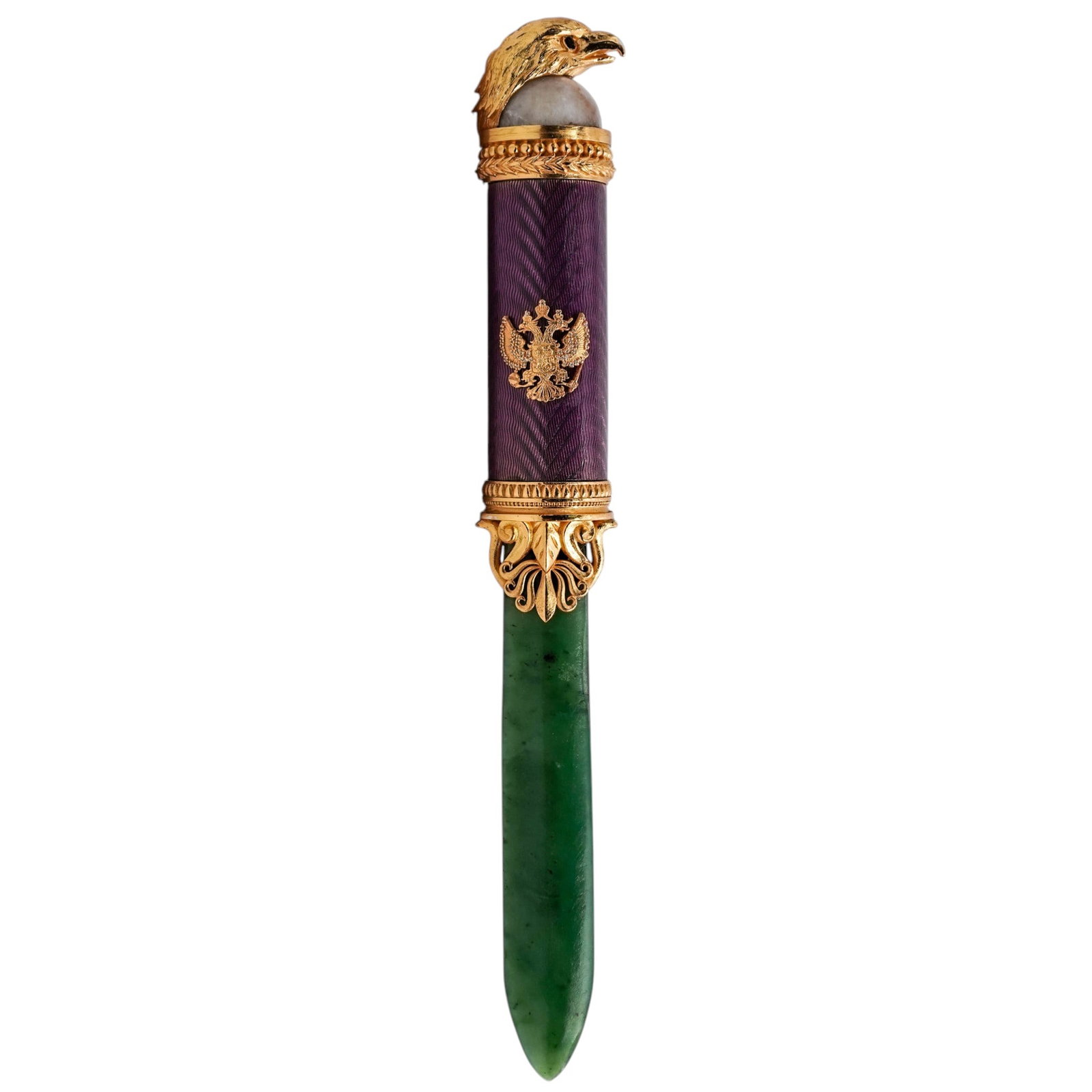 Russian Silver Faberge Style Enamel, Nephrite and Jade Letter Opener: Russian Silver Faberge Style Enamel, Nephrite and Jade Letter Opener20th Century.Russian Faberge style letter opener knife designed with a polished nephrite jade blade, a dark purple guilloche enamele
