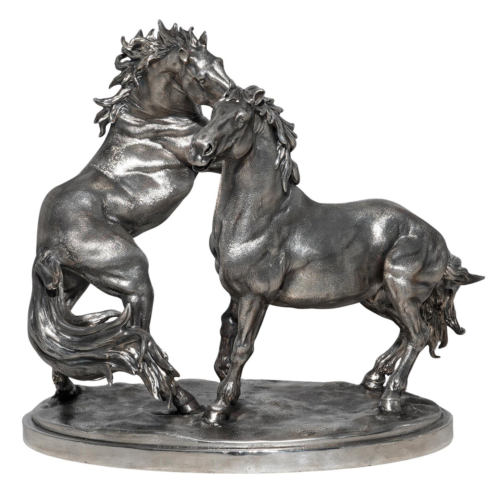 Argenteria Calegaro Italian 800 Silver Horses Sculpture: Argenteria Calegaro Italian 800 Silver Horses Sculpture20th century , ItalianItalian solid silver horses sculpture features two stations locked in a "bold battle" with one horse rearing up on its hind