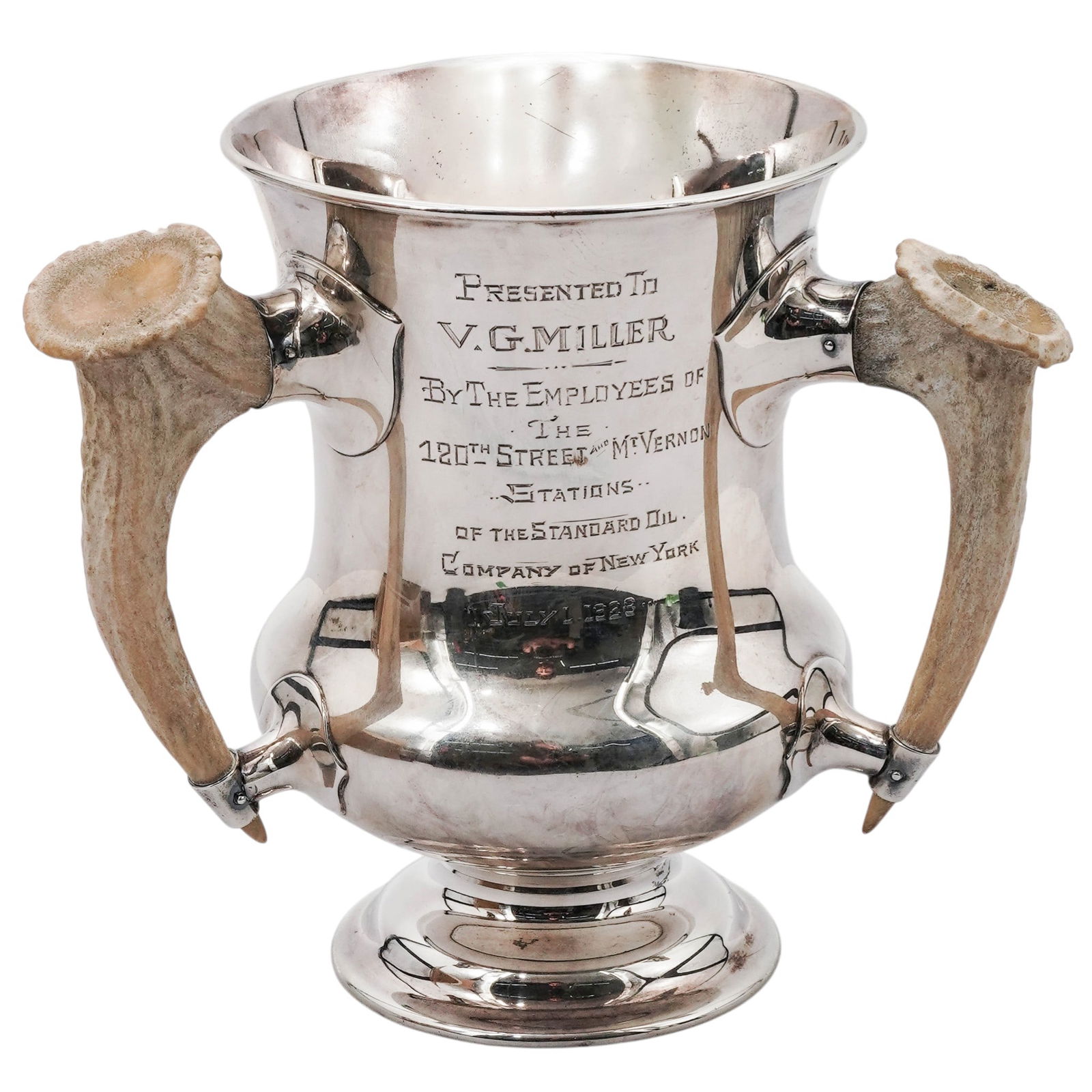 Gorham Sterling Antler-Handled Loving Cup Trophy: Gorham Sterling Antler-Handled Loving Cup Trophy1928, AmericanSterling silver loving cup with antler handles dedicated V.G. Miller, an employee of Standard Oil Company of New York (SOCONY) in 1928. It