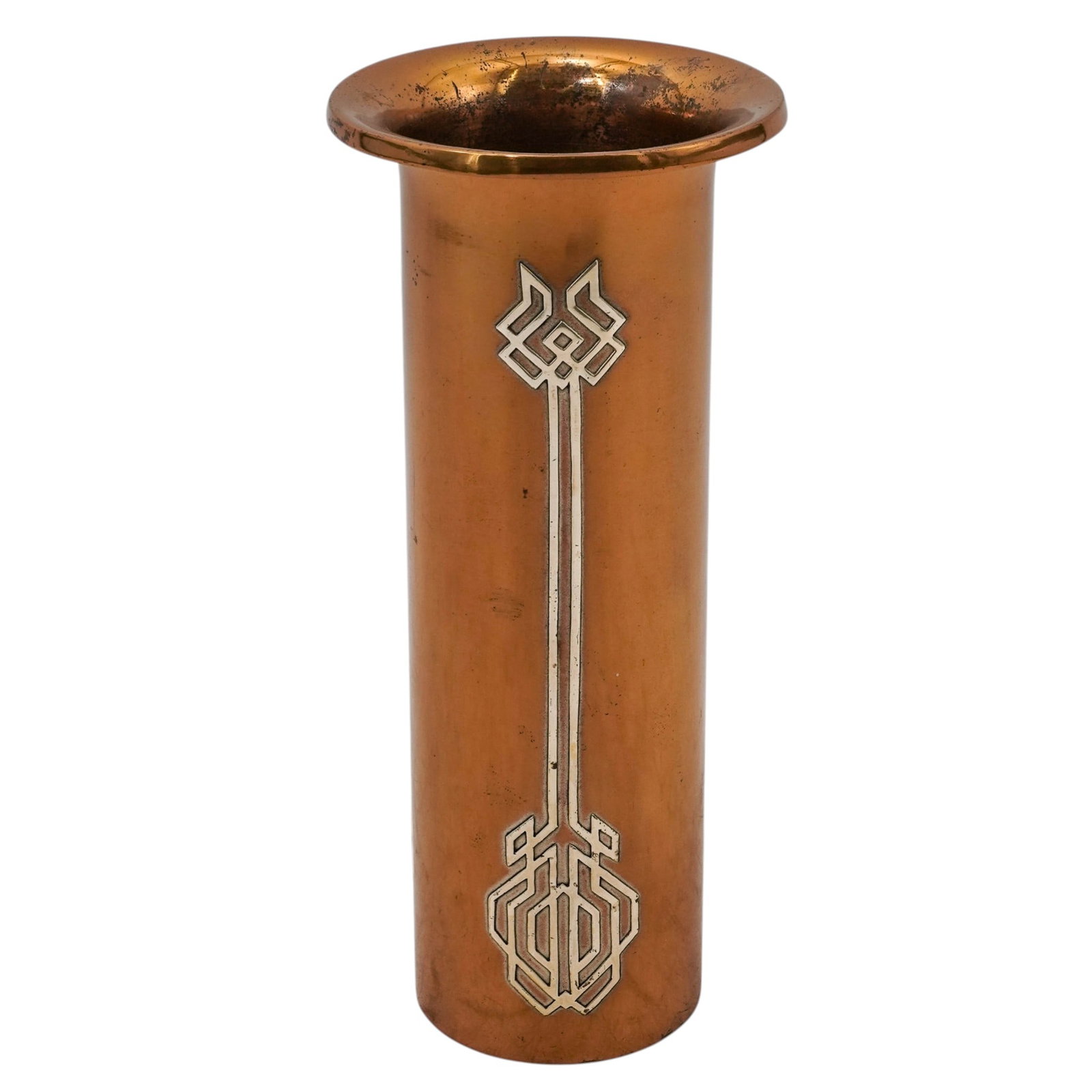 Art Deco Heintz Art Metal & Sterling Overlaid Bronze Vase: Art Deco Heintz Art Metal & Sterling Overlaid Bronze Vase1912, AmericanArt Deco cylindrical bronze vase with a flared lip, featuring an overlaid sterling silver geometric design. It bears the Heintz A
