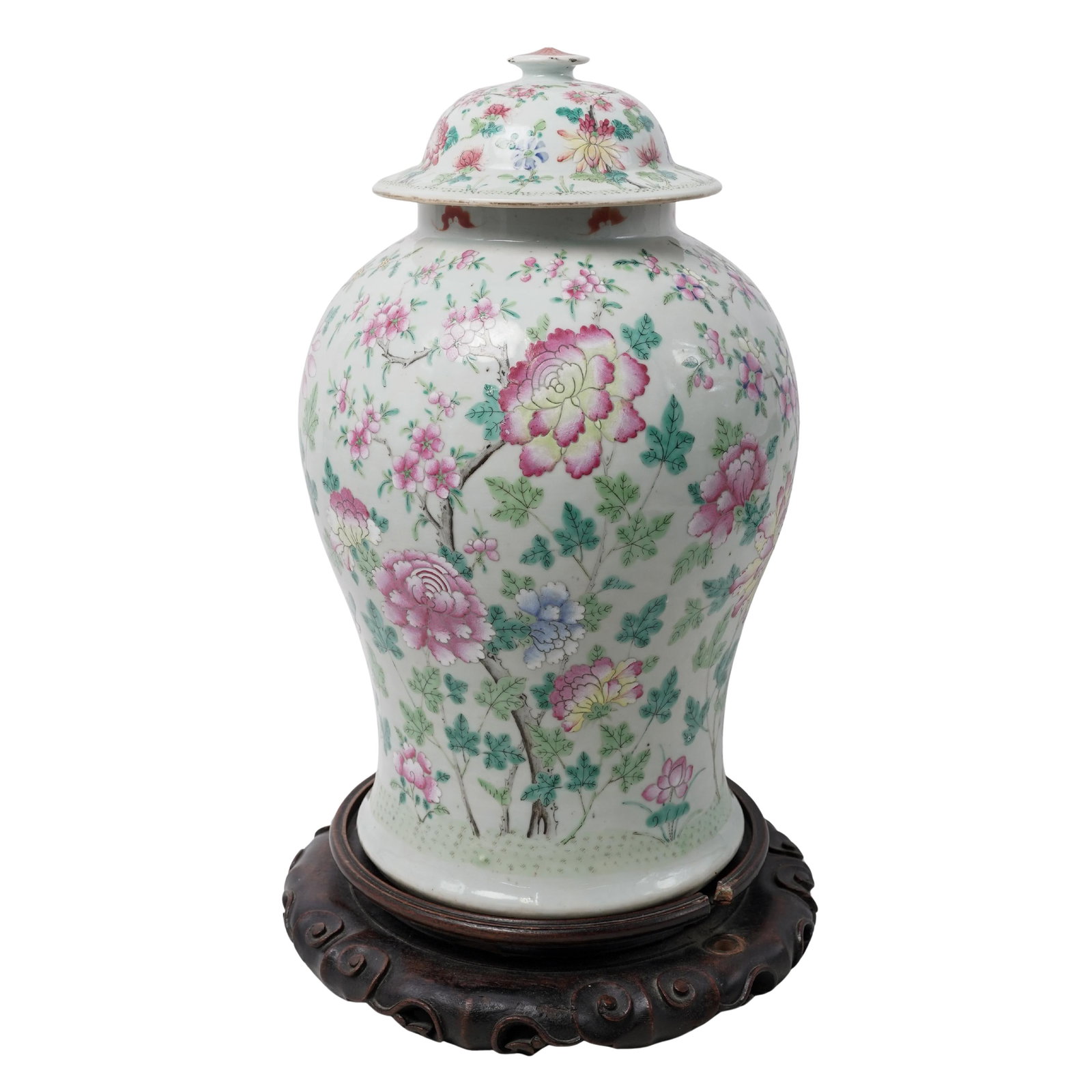 Chinese Qing Dynasty Famille Rose Porcelain Jar With Stand: Chinese Qing Dynasty Famille Rose Porcelain Jar With StandLate 19th- early 20th century, Chinese19th-century Chinese Famille Rose lidded jar, crafted from fine porcelain and expertly hand-painted. The