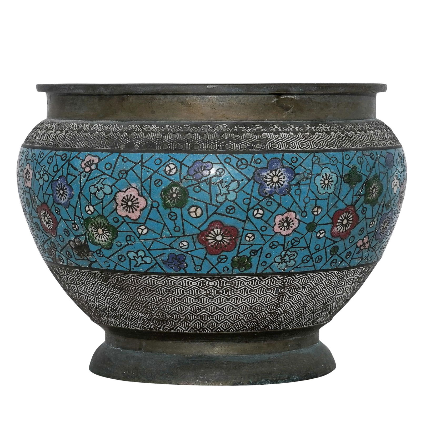 Chinese Qing Dynasty Cloisonne Enamel Bronze Jardiniere: Chinese Qing Dynasty Cloisonne Enamel Bronze JardiniereLate 19th century, ChinaQing Dynasty Chinese cloisonné enamel-on-bronze bowl features a vibrant blue sky ground. It is decorated with a detailed