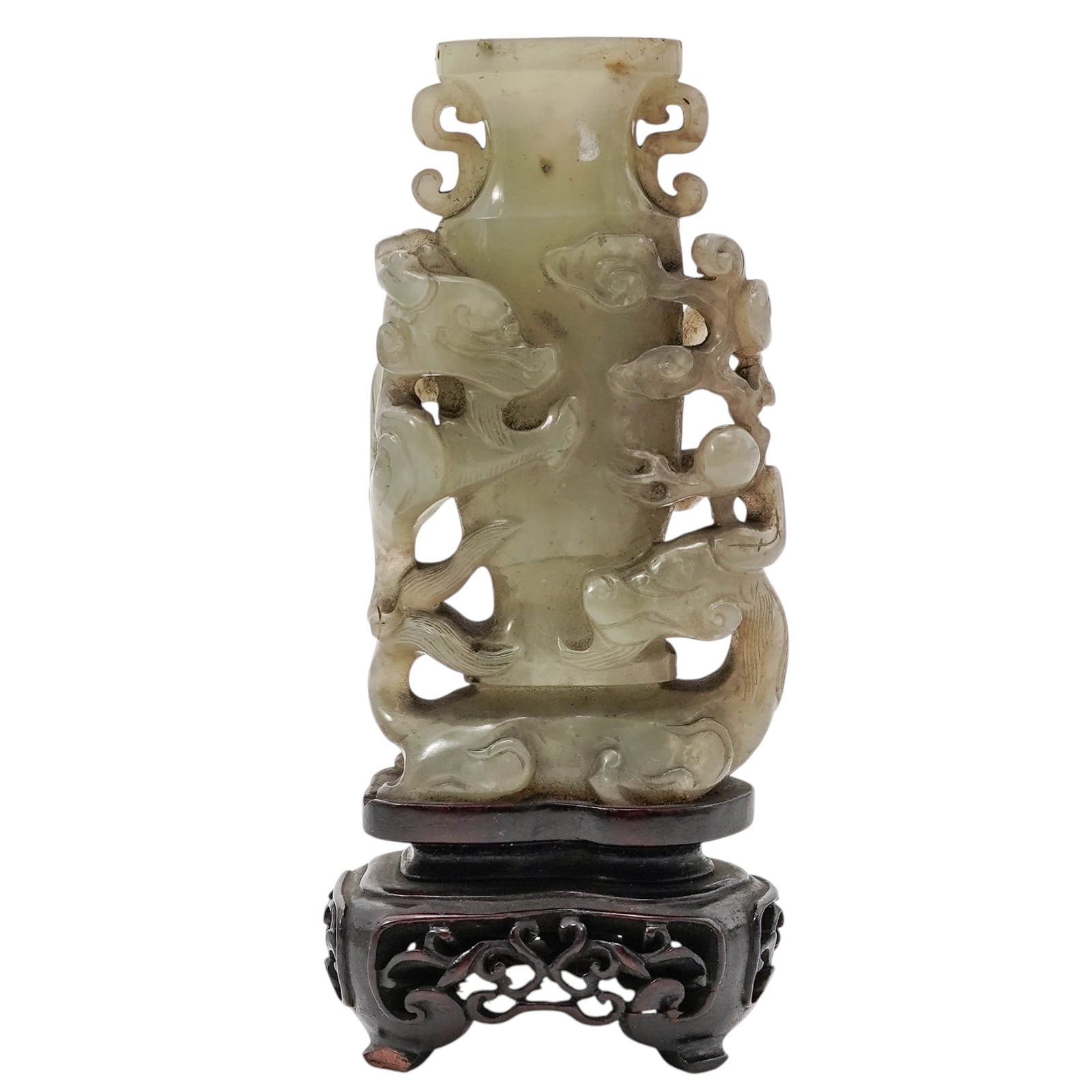 Antique Chinese Carved Jade Miniature Urn: Antique Chinese Carved Jade Miniature UrnEarly 20th Century. China.Chinese carved jade miniature urn vase with carved dragons and flaming pearl motifs. On a carved wooden base.H: 4 3/4" W: 2".