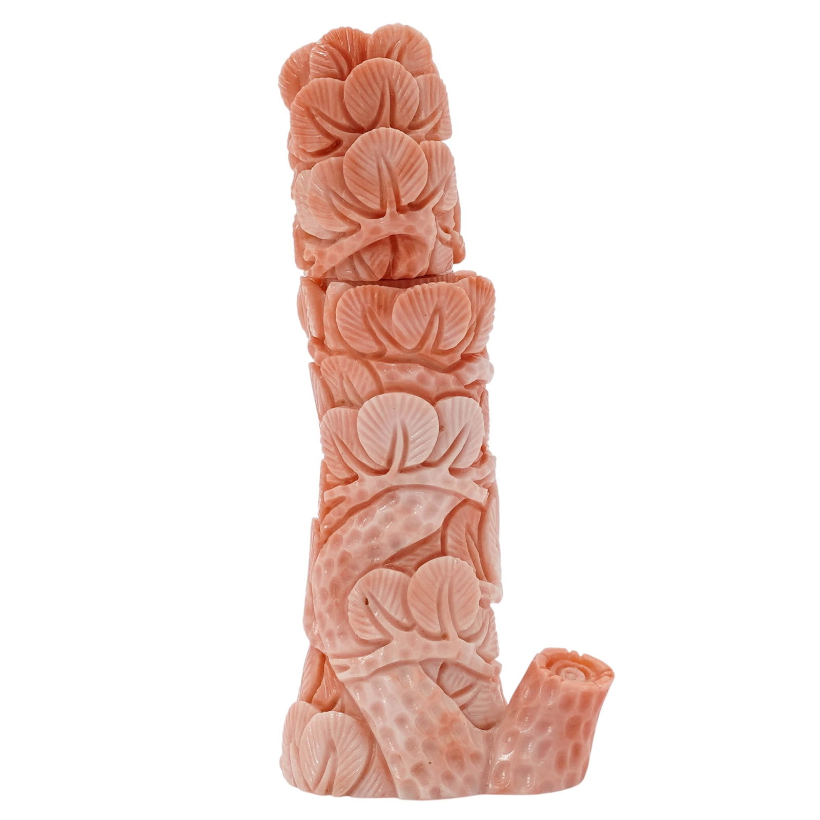 Antique Chinese Angel Skin Coral Snuff Bottle: Antique Chinese Angel Skin Coral Snuff BottleLate 19th- early 20th century, ChineseChinese Qing Dynasty hand-carved highly detailed angel skin coral snuff bottle featuring textured branches with leave